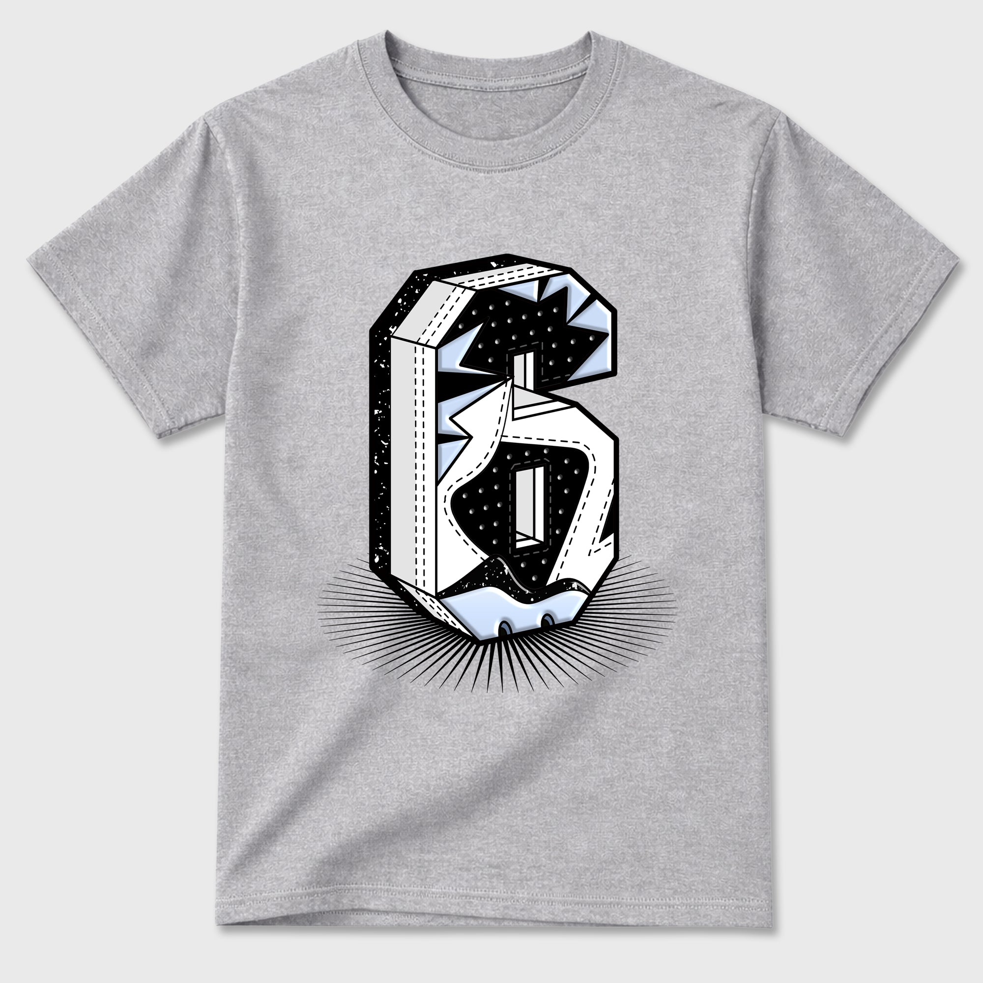 Number Statue Graphic T-Shirt featuring original streetwear artwork designed to match the Air Jordan 6 Black and White. Heather Grey 2 Graphic T-Shirt.