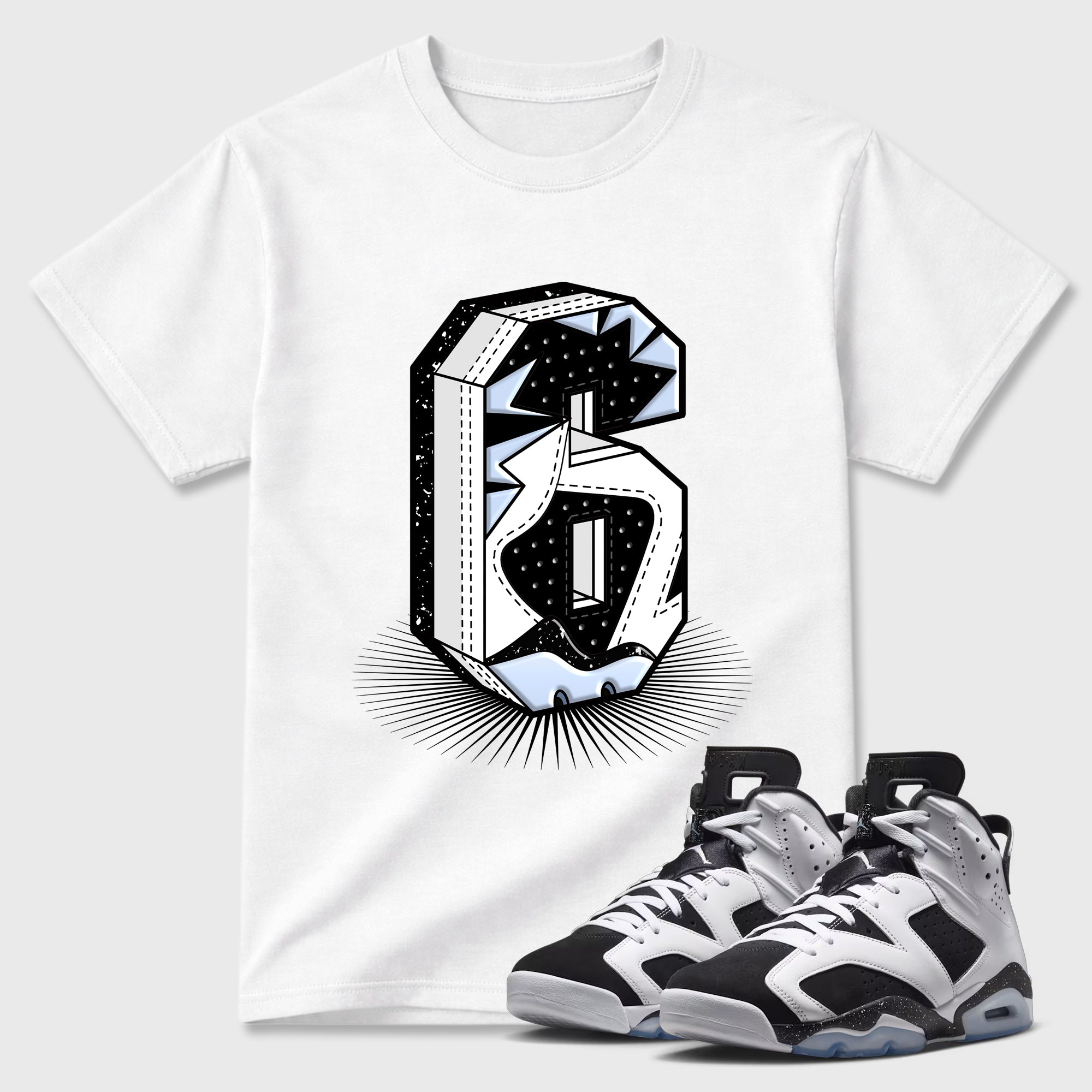 Number Statue Graphic T-Shirt featuring original streetwear artwork designed to match the Air Jordan 6 Black and White. White 1 Graphic T-Shirt.