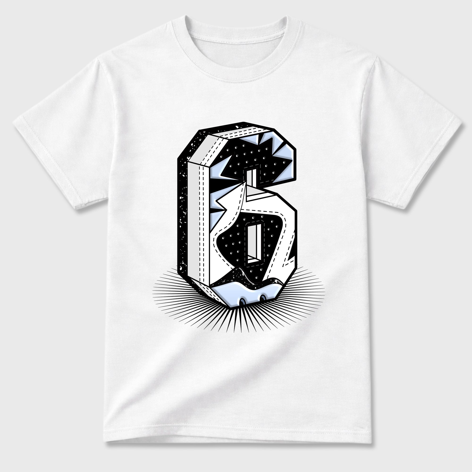 Number Statue Graphic T-Shirt featuring original streetwear artwork designed to match the Air Jordan 6 Black and White. White 2 Graphic T-Shirt.