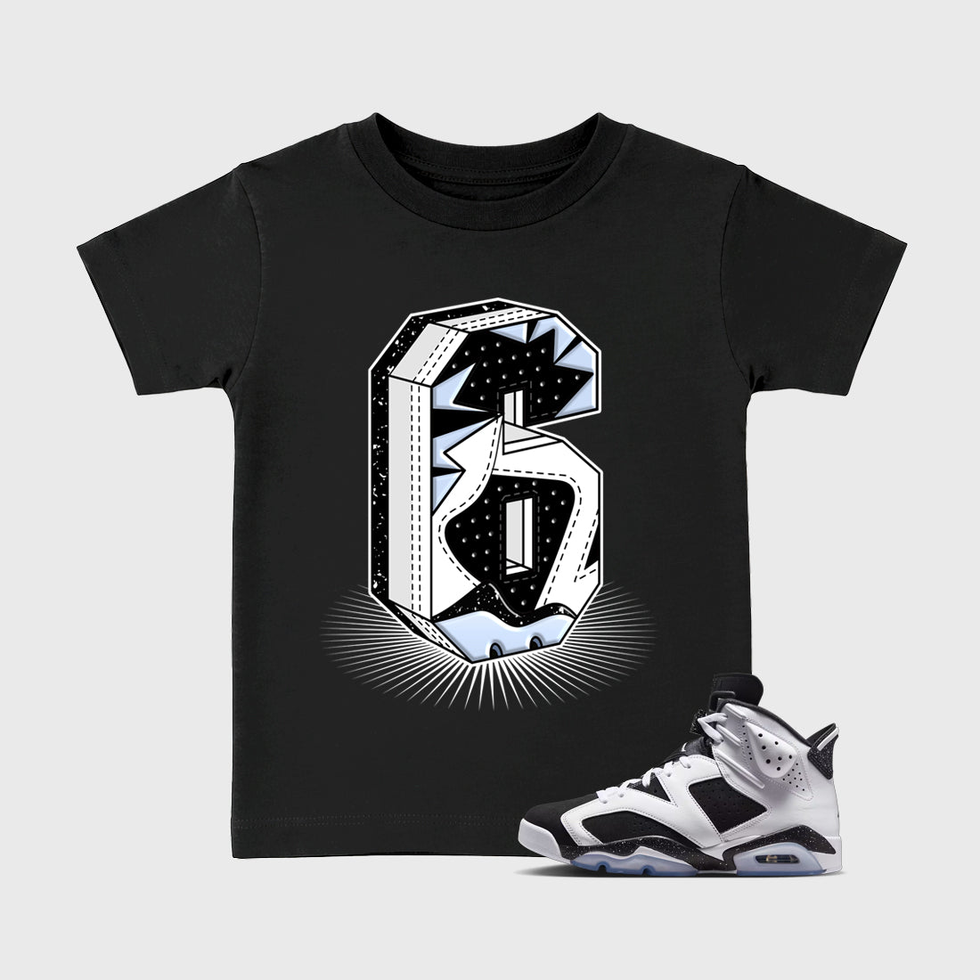 Number Statue Baby & Kids Graphic T-Shirt featuring original artwork designed to match the Air Jordan 6 Black and White. Black 1 Kids Graphic Tee.