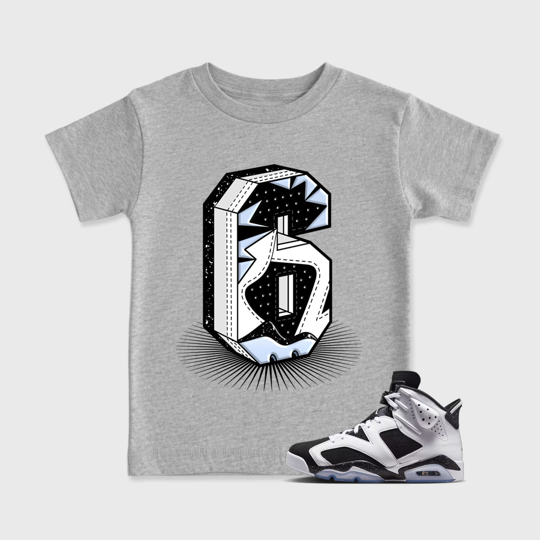 Number Statue Baby & Kids Graphic T-Shirt featuring original artwork designed to match the Air Jordan 6 Black and White. Heather Grey 1 Kids Graphic Tee.