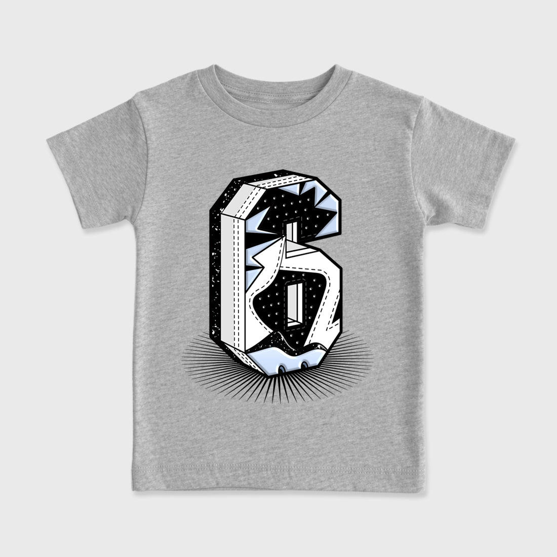 Number Statue Baby & Kids Graphic T-Shirt featuring original artwork designed to match the Air Jordan 6 Black and White. Heather Grey 2 Kids Graphic Tee.