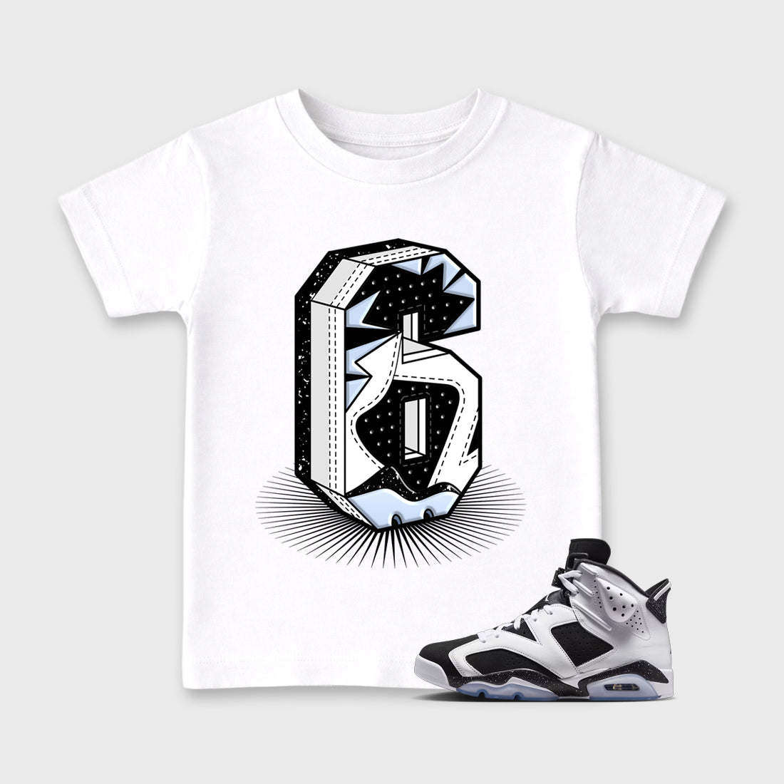 Number Statue Baby & Kids Graphic T-Shirt featuring original artwork designed to match the Air Jordan 6 Black and White. White 1 Kids Graphic Tee.
