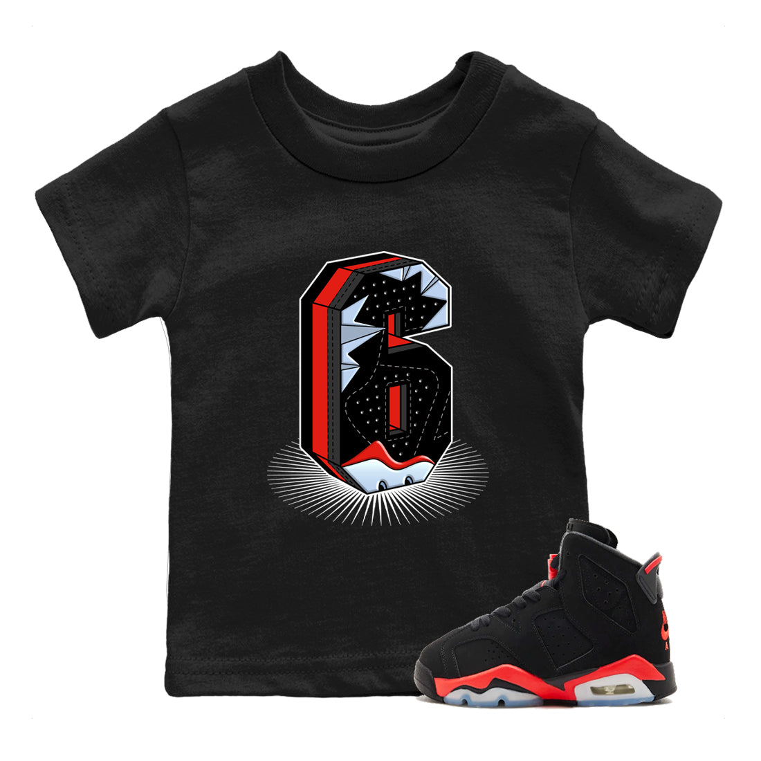 Perfect Valentine's Day Gifts graphic tee  – Sneaker Tees To Match Air Jordan 6 Reverse Infrared – Number Statue Kids Graphic T-Shirt Black 1