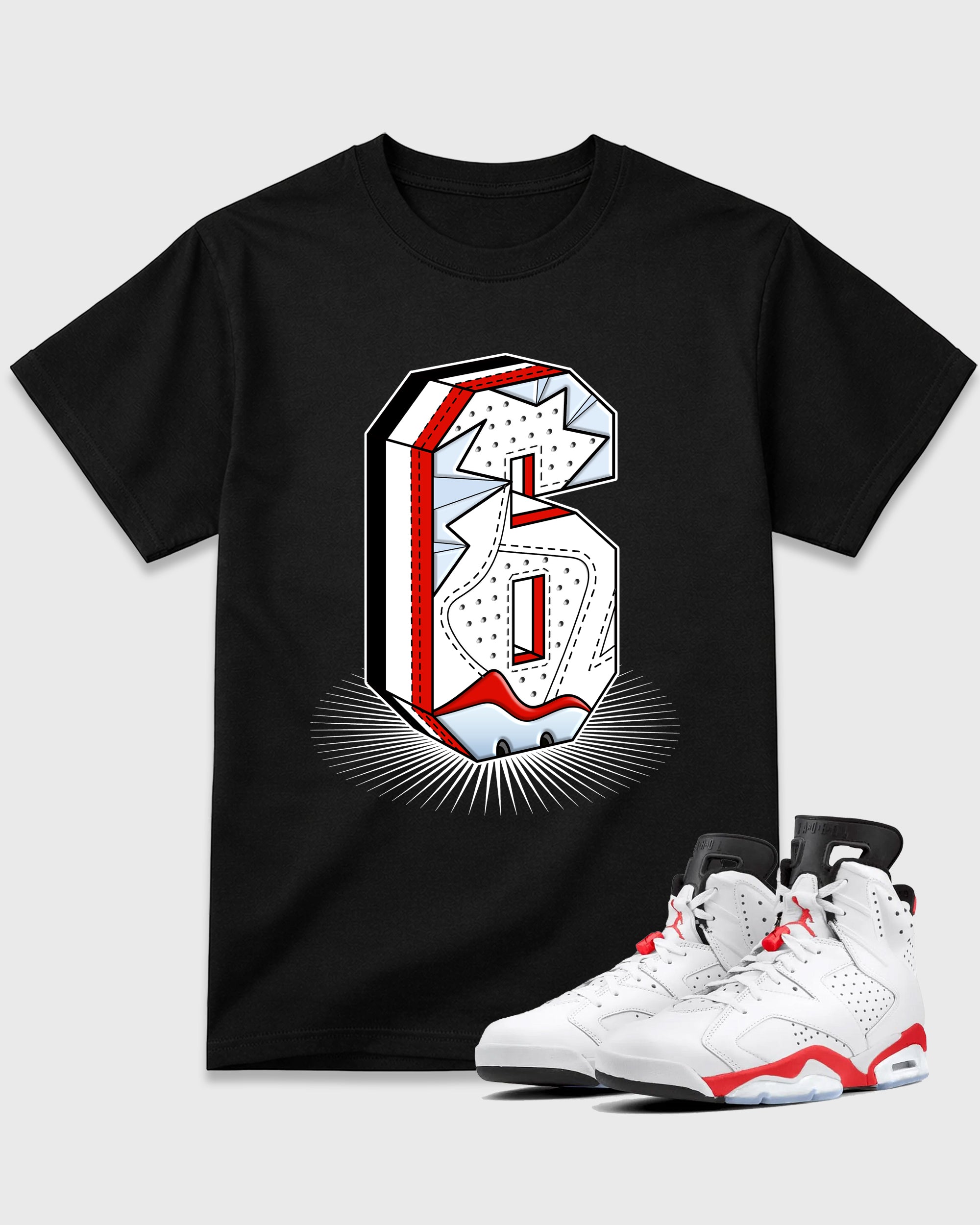 Number Statue Graphic T-Shirt featuring original streetwear artwork designed to match the Air Jordan 6 White Infrared. Black 1 Graphic T-Shirt.
