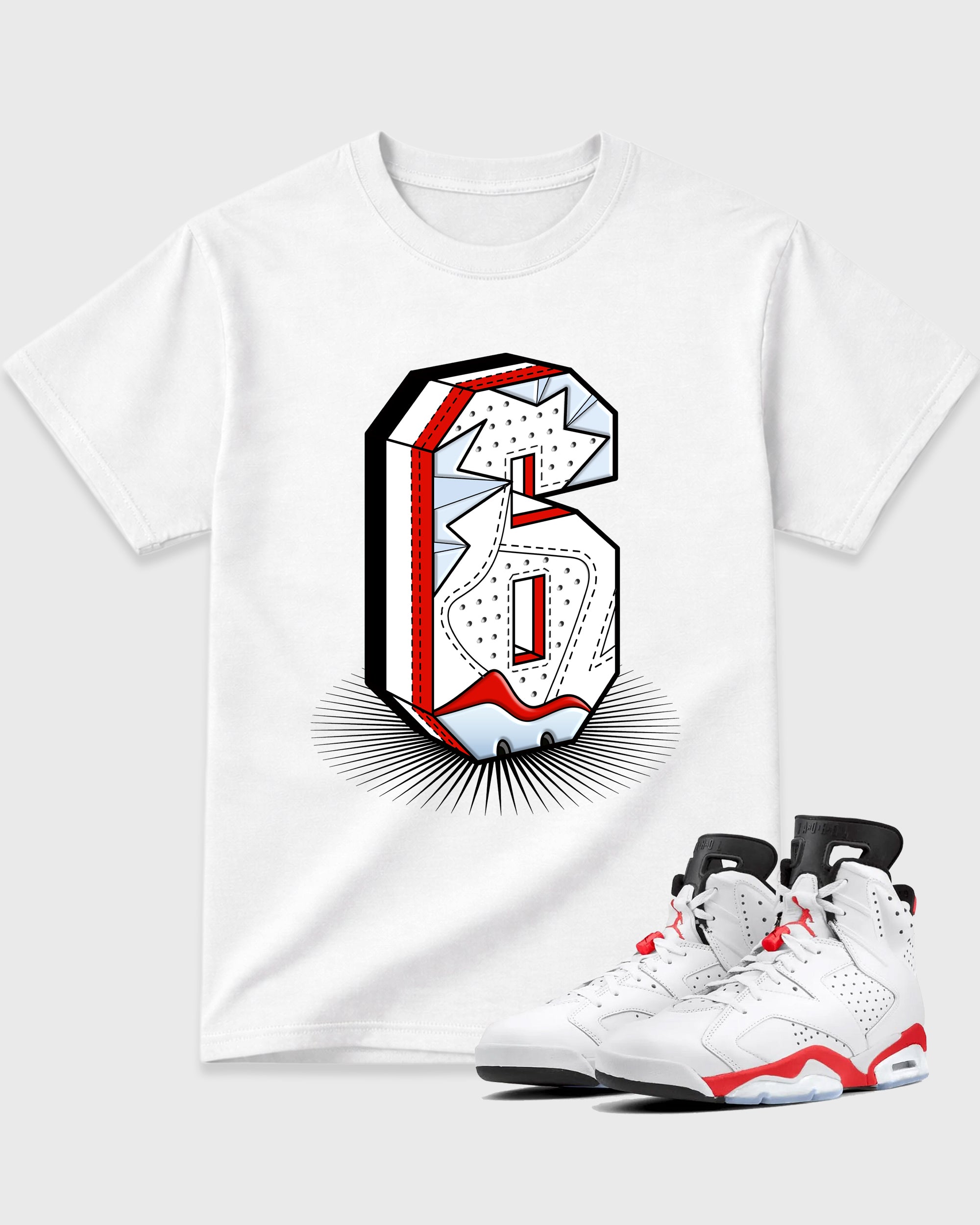 Number Statue Graphic T-Shirt featuring original streetwear artwork designed to match the Air Jordan 6 White Infrared. White 1 Graphic T-Shirt.