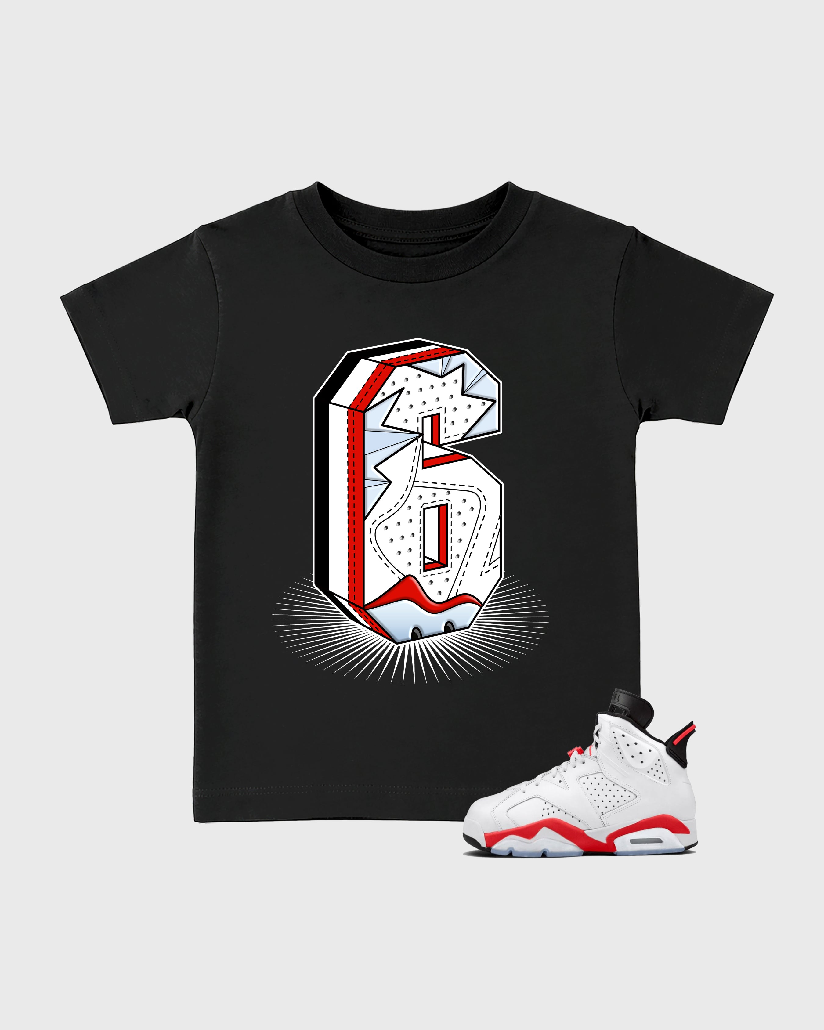 Number Statue Baby & Kids Graphic T-Shirt featuring original artwork designed to match the Air Jordan 6 White Infrared. Black 1 Kids Graphic Tee.