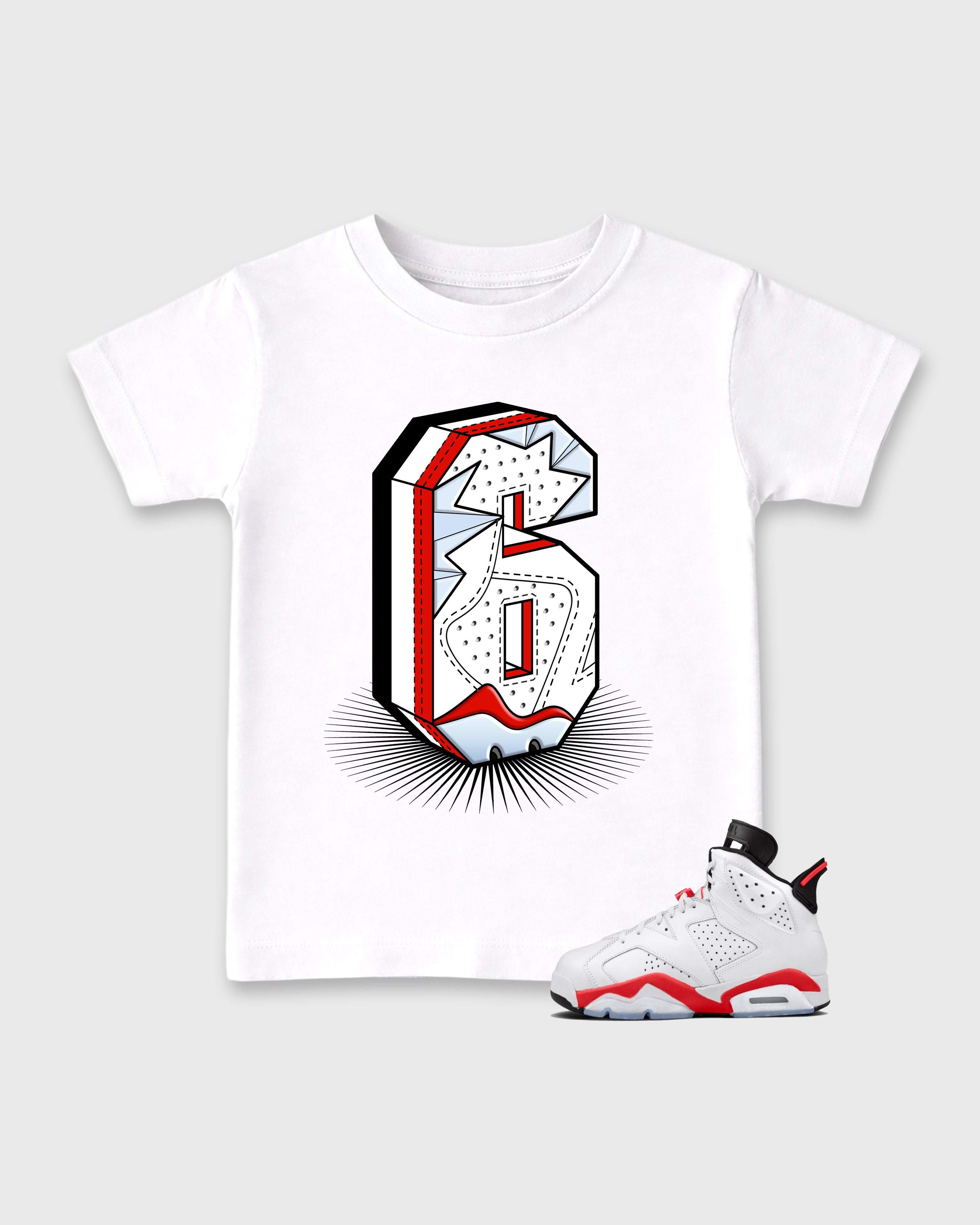 Number Statue Baby & Kids Graphic T-Shirt featuring original artwork designed to match the Air Jordan 6 White Infrared. White 1 Kids Graphic Tee.