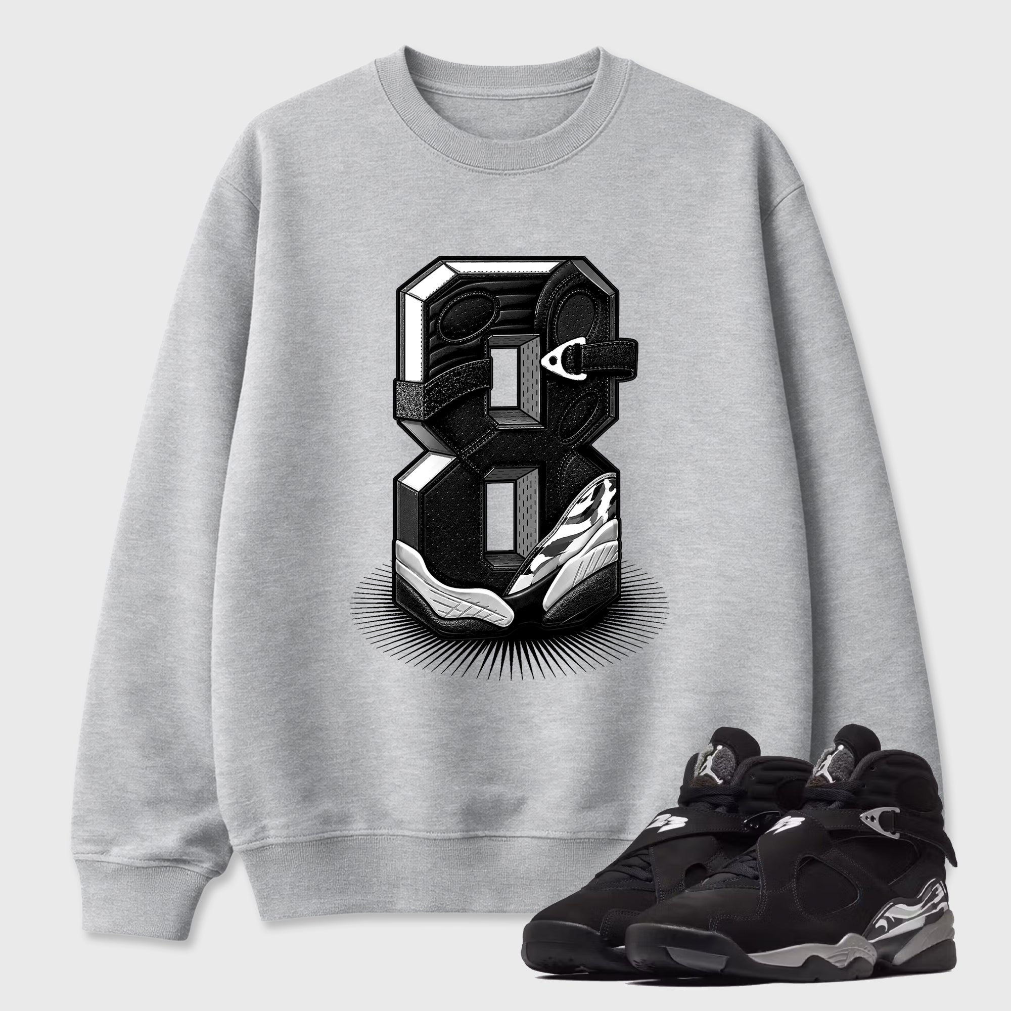 Number Statue Graphic T-Shirt featuring original streetwear artwork designed to match the Air Jordan 8 Chrome. Heather Grey 1 Graphic Tee.
