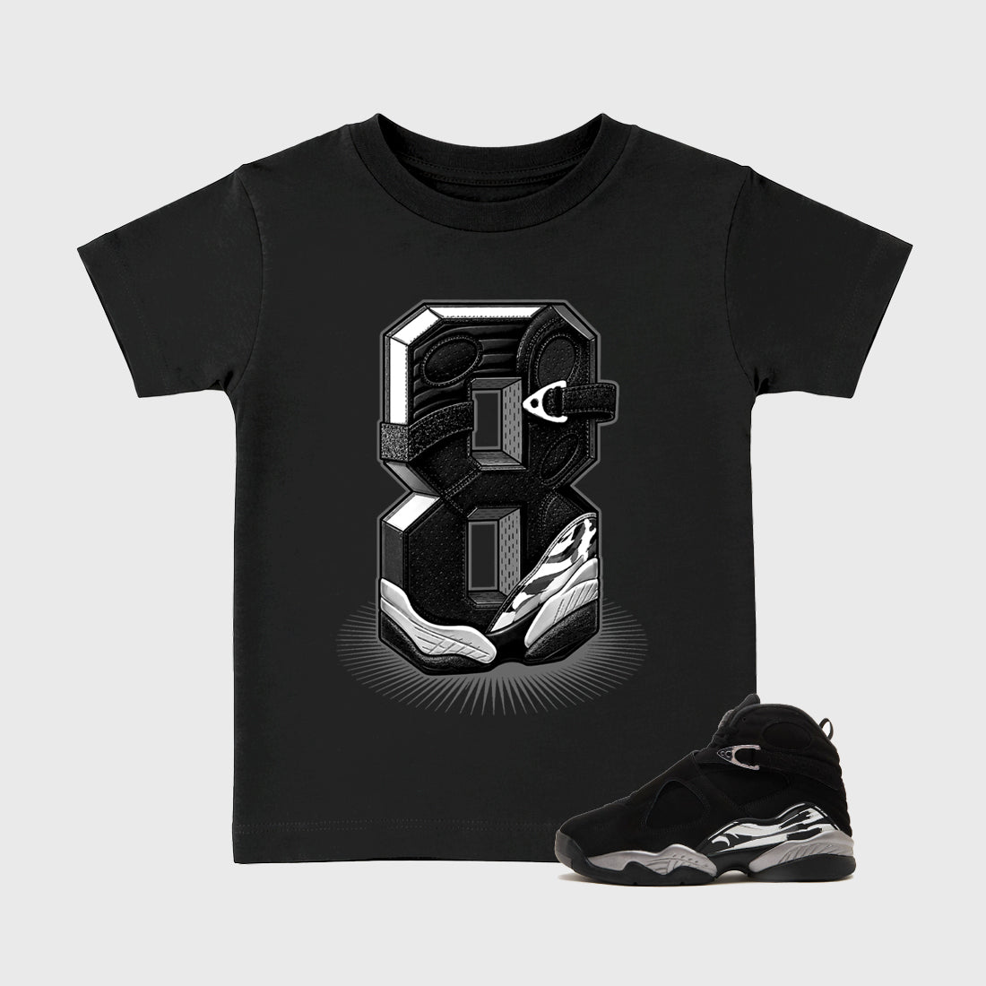 Number Statue Baby & Kids Graphic T-Shirt featuring original artwork designed to match the Air Jordan 8 Chrome. Black 1 Kids Graphic Tee.