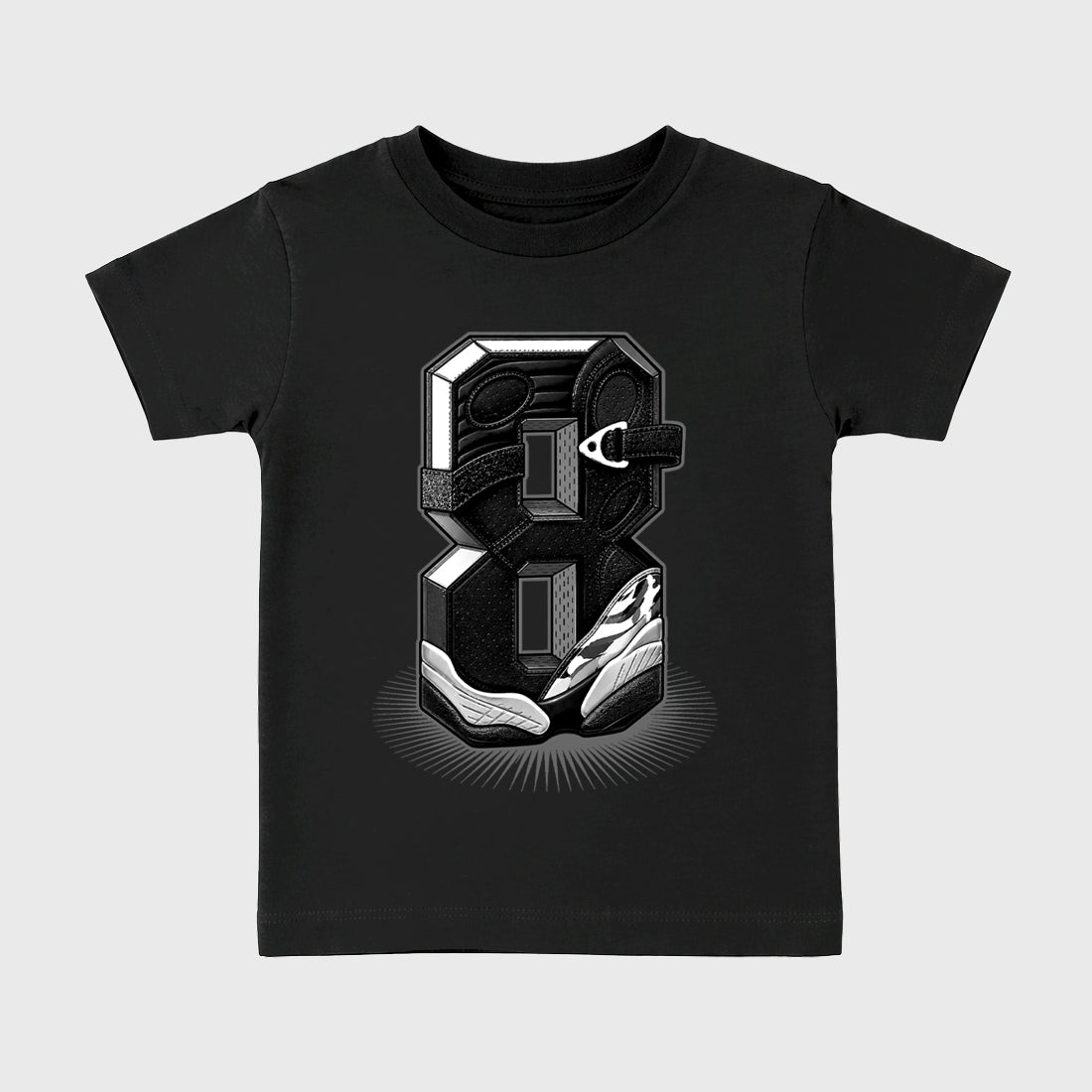 Number Statue Baby & Kids Graphic T-Shirt featuring original artwork designed to match the Air Jordan 8 Chrome. Black 2 Kids Graphic Tee.