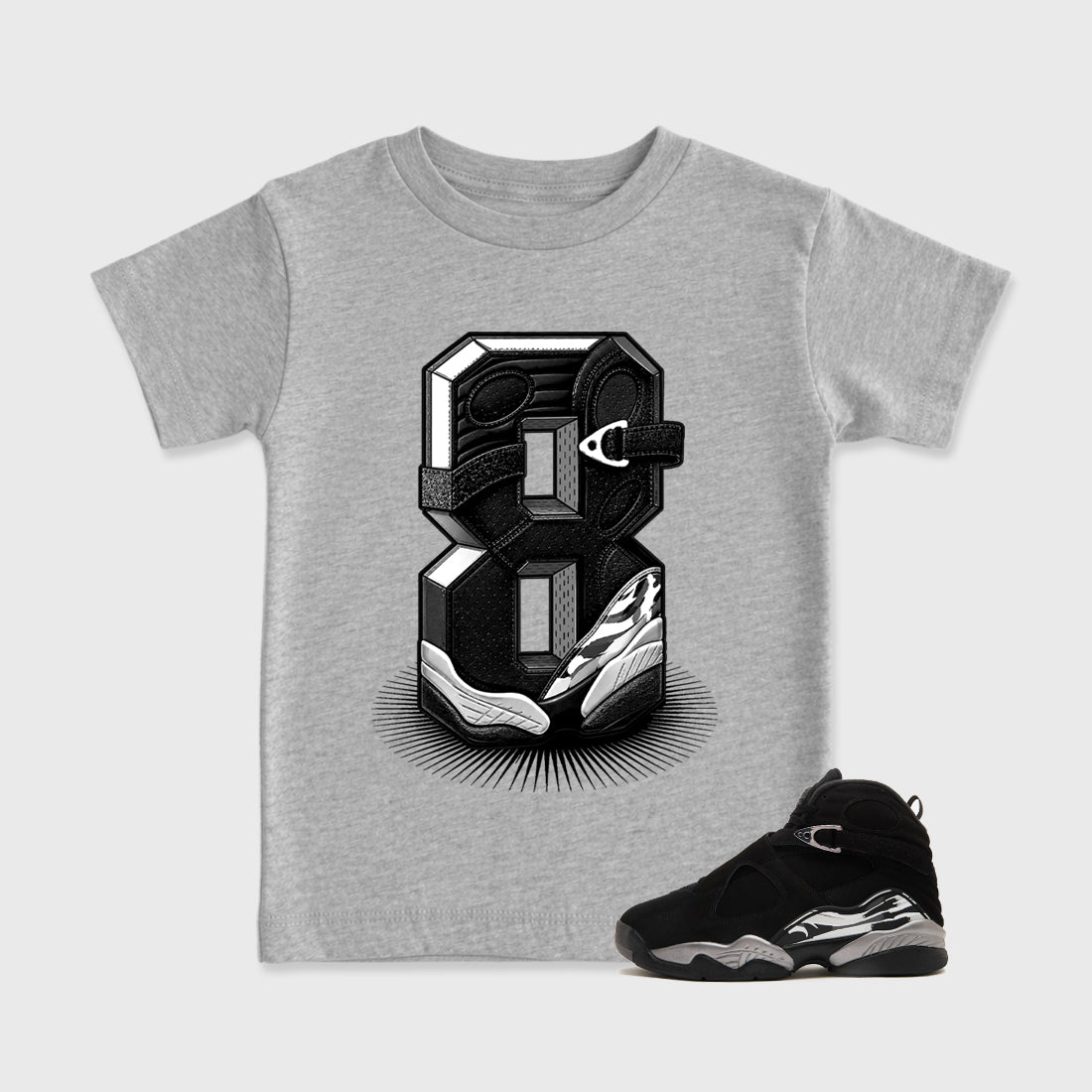 Number Statue Baby & Kids Graphic T-Shirt featuring original artwork designed to match the Air Jordan 8 Chrome. Heather Grey 1 Kids Graphic Tee.