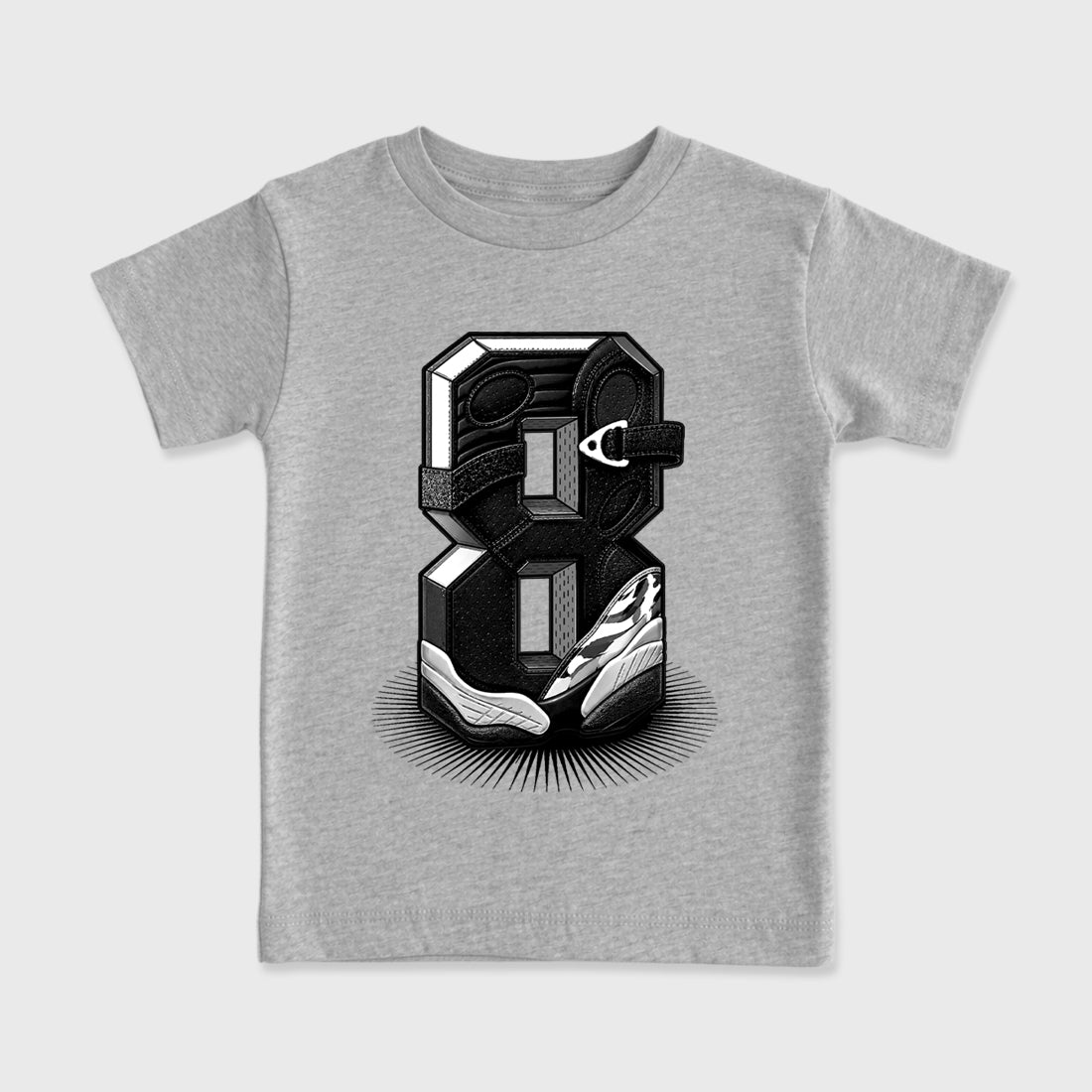 Number Statue Baby & Kids Graphic T-Shirt featuring original artwork designed to match the Air Jordan 8 Chrome. Heather Grey 2 Kids Graphic Tee.