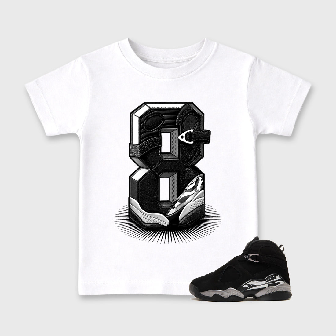 Number Statue Baby & Kids Graphic T-Shirt featuring original artwork designed to match the Air Jordan 8 Chrome. White 1 Kids Graphic Tee.