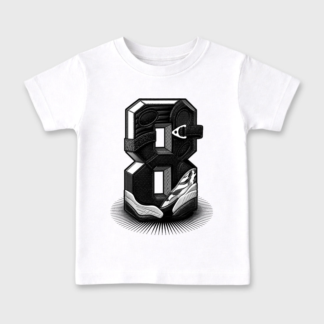 Number Statue Baby & Kids Graphic T-Shirt featuring original artwork designed to match the Air Jordan 8 Chrome. White 2 Kids Graphic Tee.
