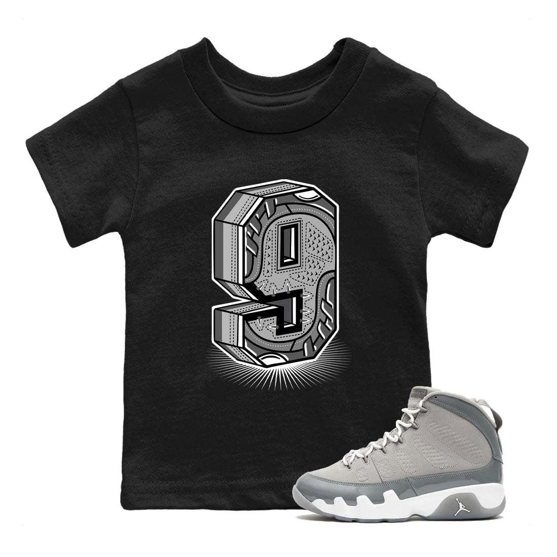 9s Cool Grey best t shirts to wear with jordans Number Statue sneaker match tees Air Jordan 9 Retro Cool Grey match shoes to clothes SNRT Sneaker Tees Youth Baby Black 1 tee