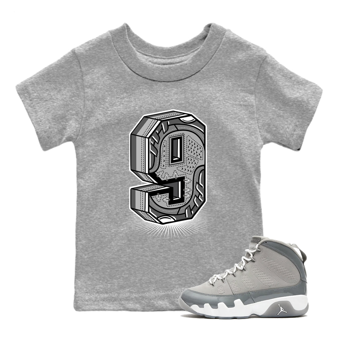 9s Cool Grey best t shirts to wear with jordans Number Statue sneaker match tees Air Jordan 9 Retro Cool Grey match shoes to clothes SNRT Sneaker Tees Youth Baby Heather Grey 1 tee