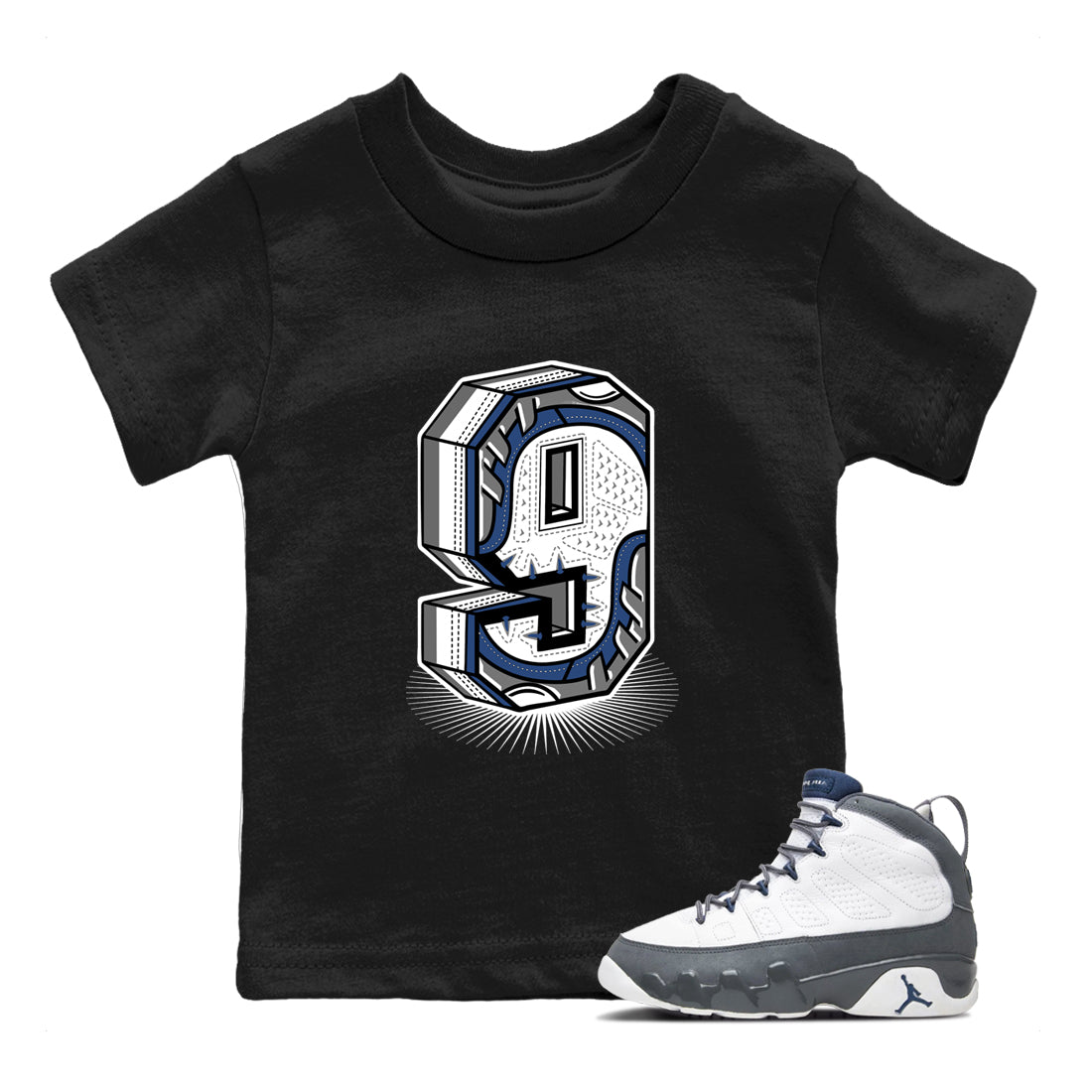 Perfect Valentine's Day Gifts graphic tee  – Sneaker Tees To Match Air Jordan 9 Flint Grey – Number Statue Kids Graphic T-Shirt Black 1