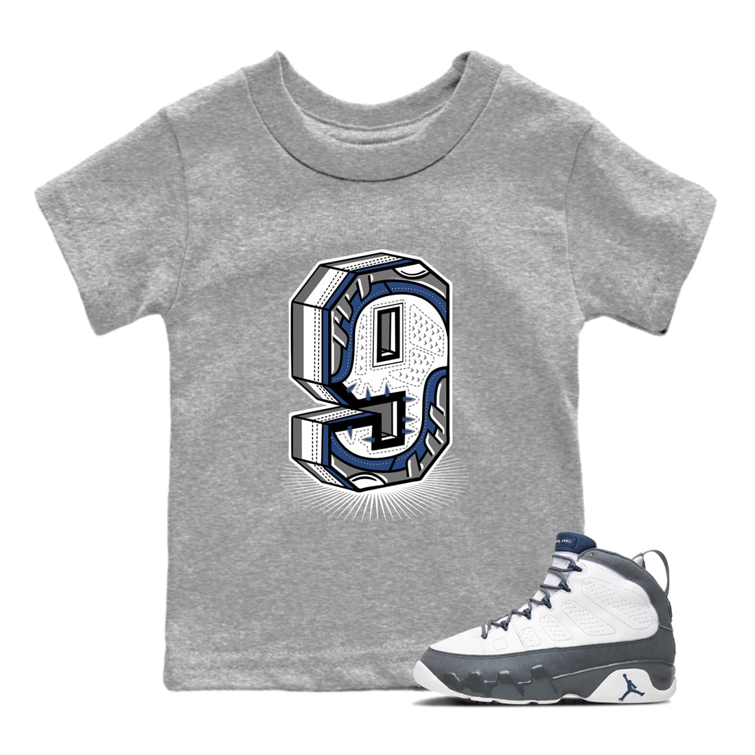 Perfect Valentine's Day Gifts graphic tee  – Sneaker Tees To Match Air Jordan 9 Flint Grey – Number Statue Kids Graphic T-Shirt Heather Grey 1