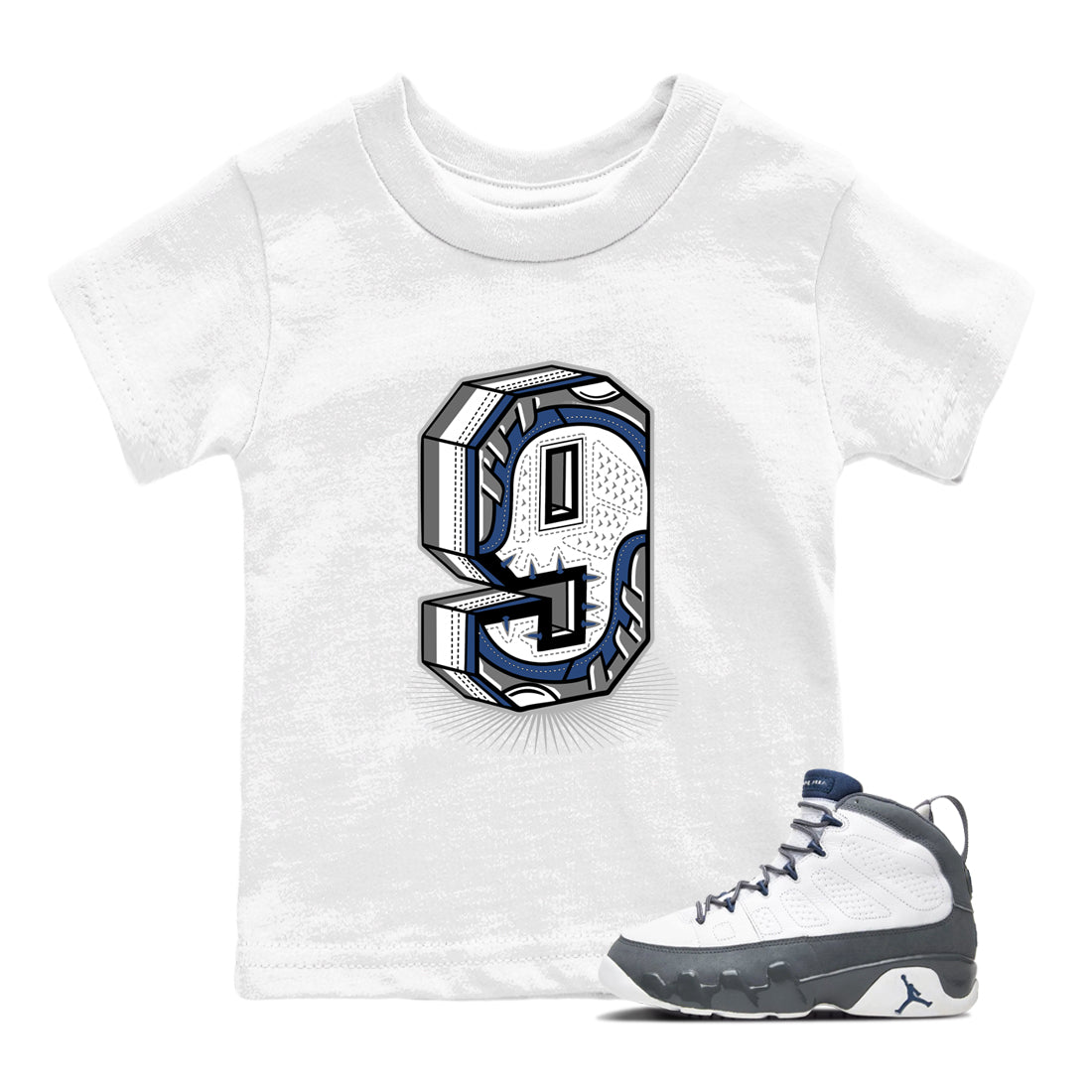 Perfect Valentine's Day Gifts graphic tee  – Sneaker Tees To Match Air Jordan 9 Flint Grey – Number Statue Kids Graphic T-Shirt White 1