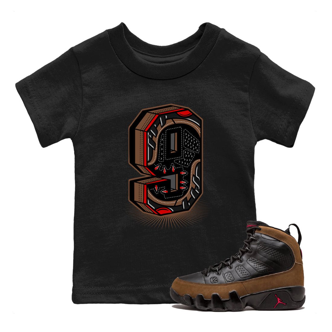 9s Olive shirts to match jordans Number Statue sneaker match tees Air Jordan 9 Olive match shoes to clothes SNRT Sneaker Tees Youth Baby Black 1 tee