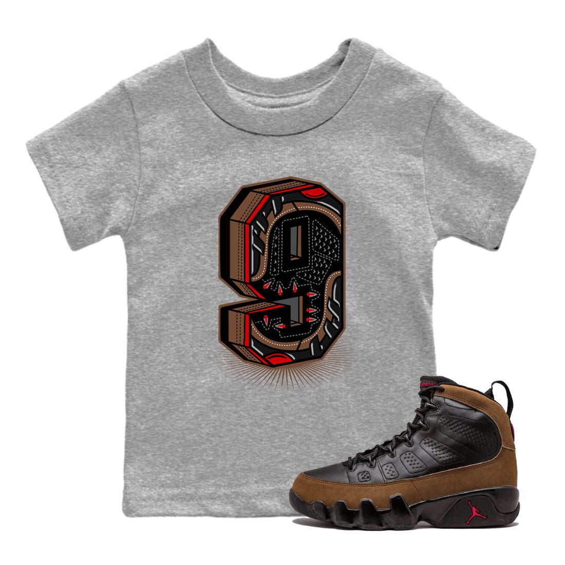 9s Olive shirts to match jordans Number Statue sneaker match tees Air Jordan 9 Olive match shoes to clothes SNRT Sneaker Tees Youth Baby Heather Grey 1 tee