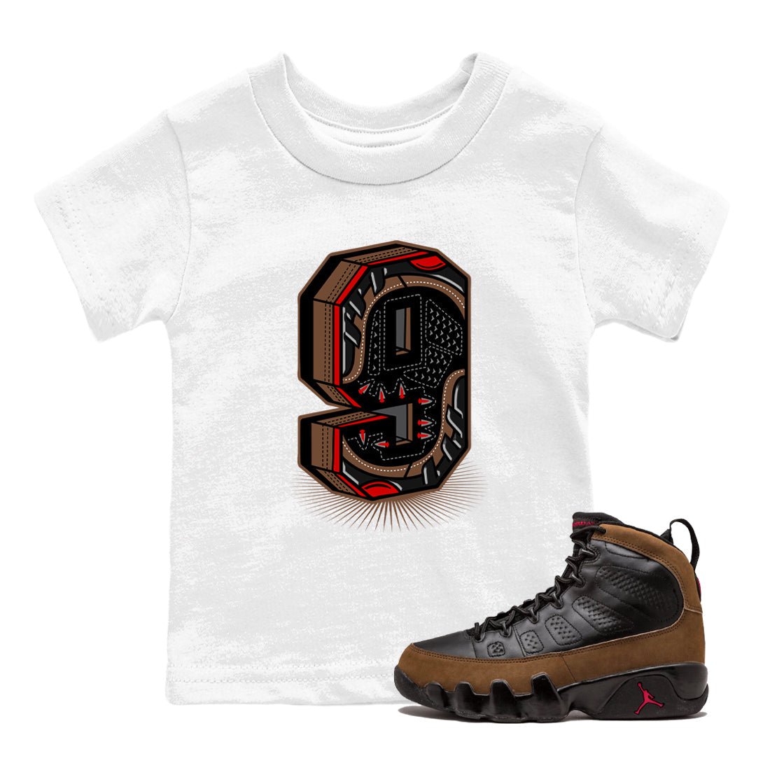 9s Olive shirts to match jordans Number Statue sneaker match tees Air Jordan 9 Olive match shoes to clothes SNRT Sneaker Tees Youth Baby White 1 tee