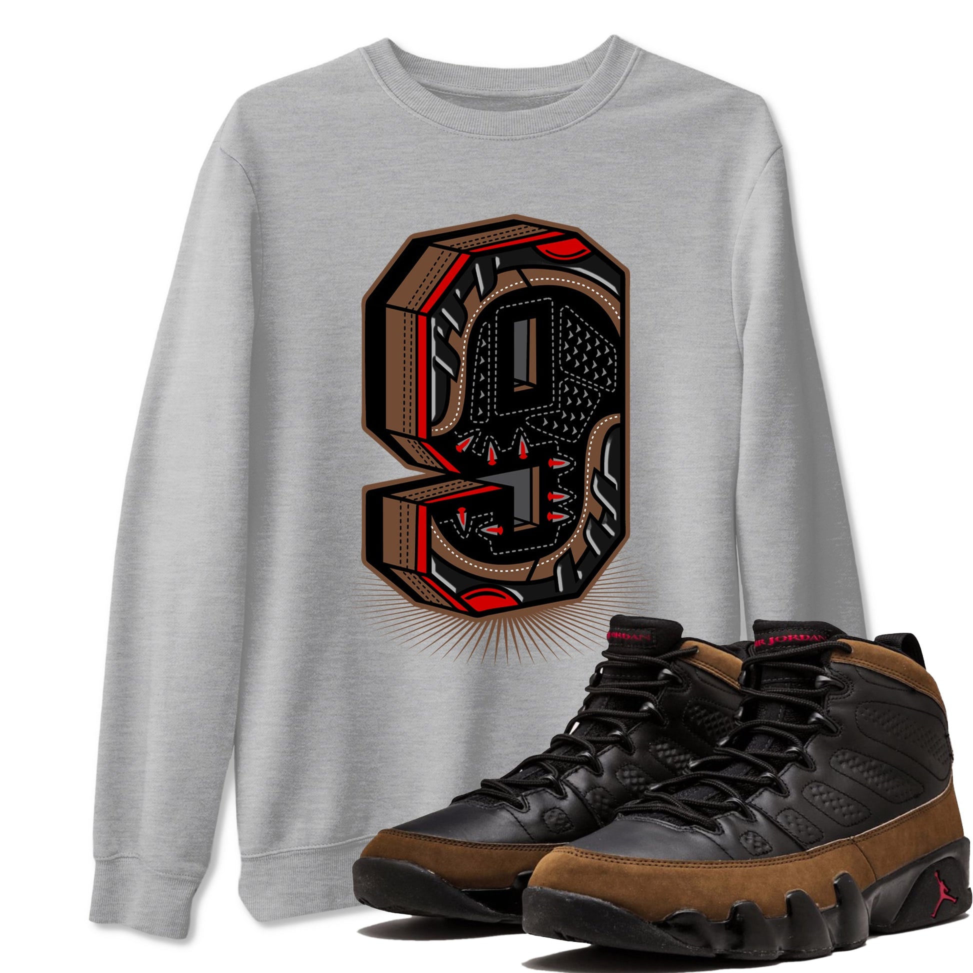 9s Olive shirts to match jordans Number Statue sneaker match tees Air Jordan 9 Olive match shoes to clothes SNRT Sneaker Tees unisex cotton Heather Grey 1 shirts