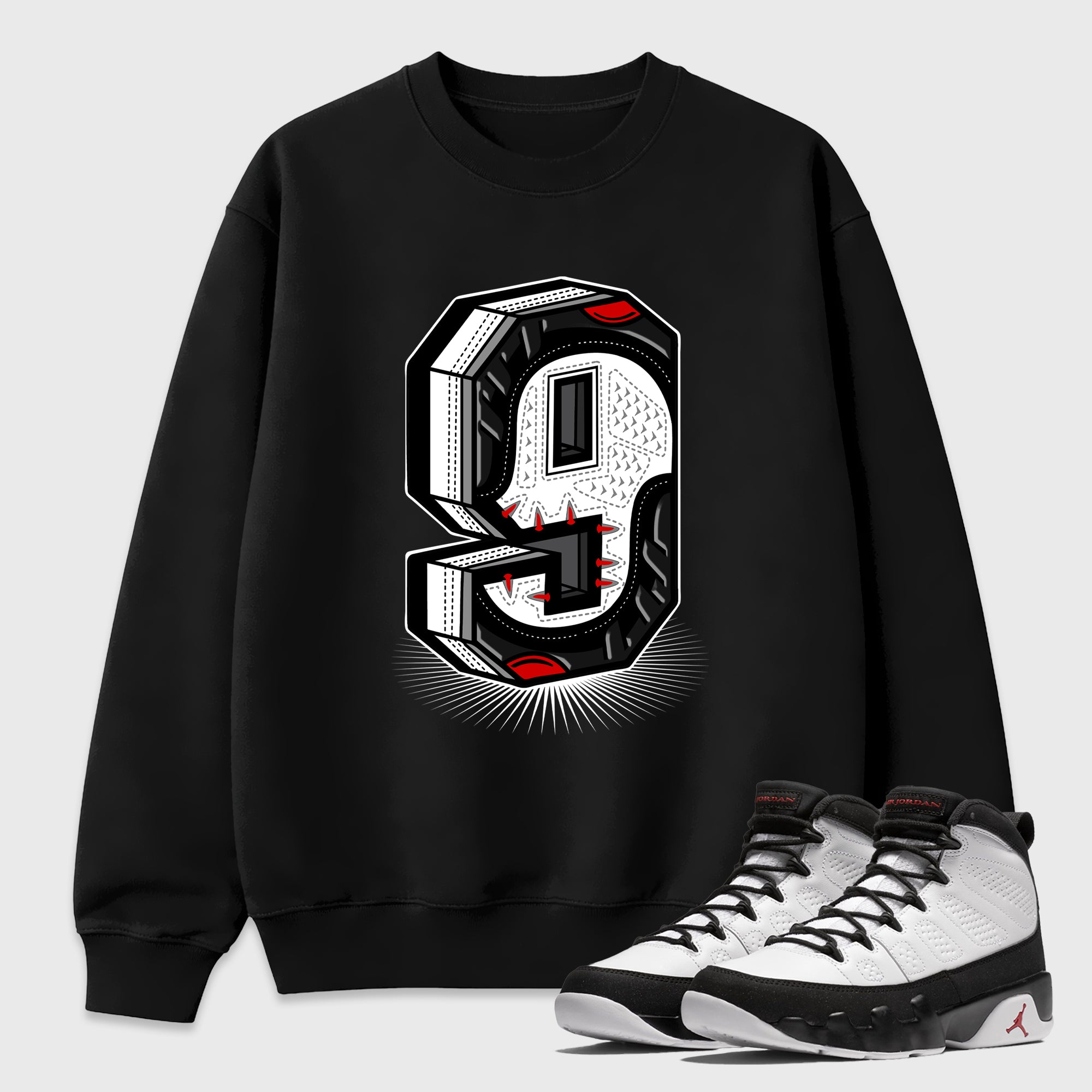 Number Statue Graphic T-Shirt featuring original streetwear artwork designed to match the Air Jordan 9 True Red. Black 1 Graphic Tee.