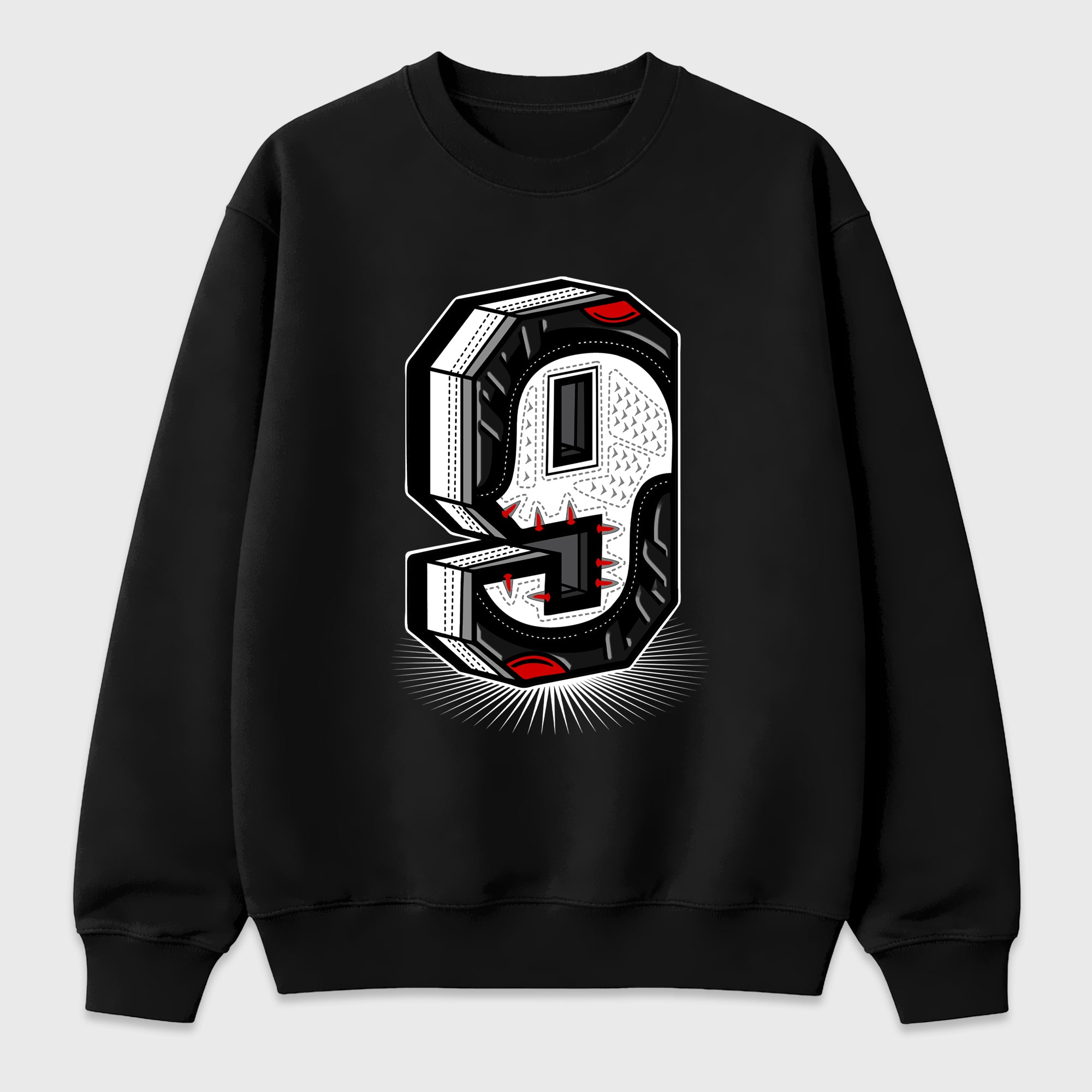 Number Statue Graphic T-Shirt featuring original streetwear artwork designed to match the Air Jordan 9 True Red. Black 2 Graphic Tee.