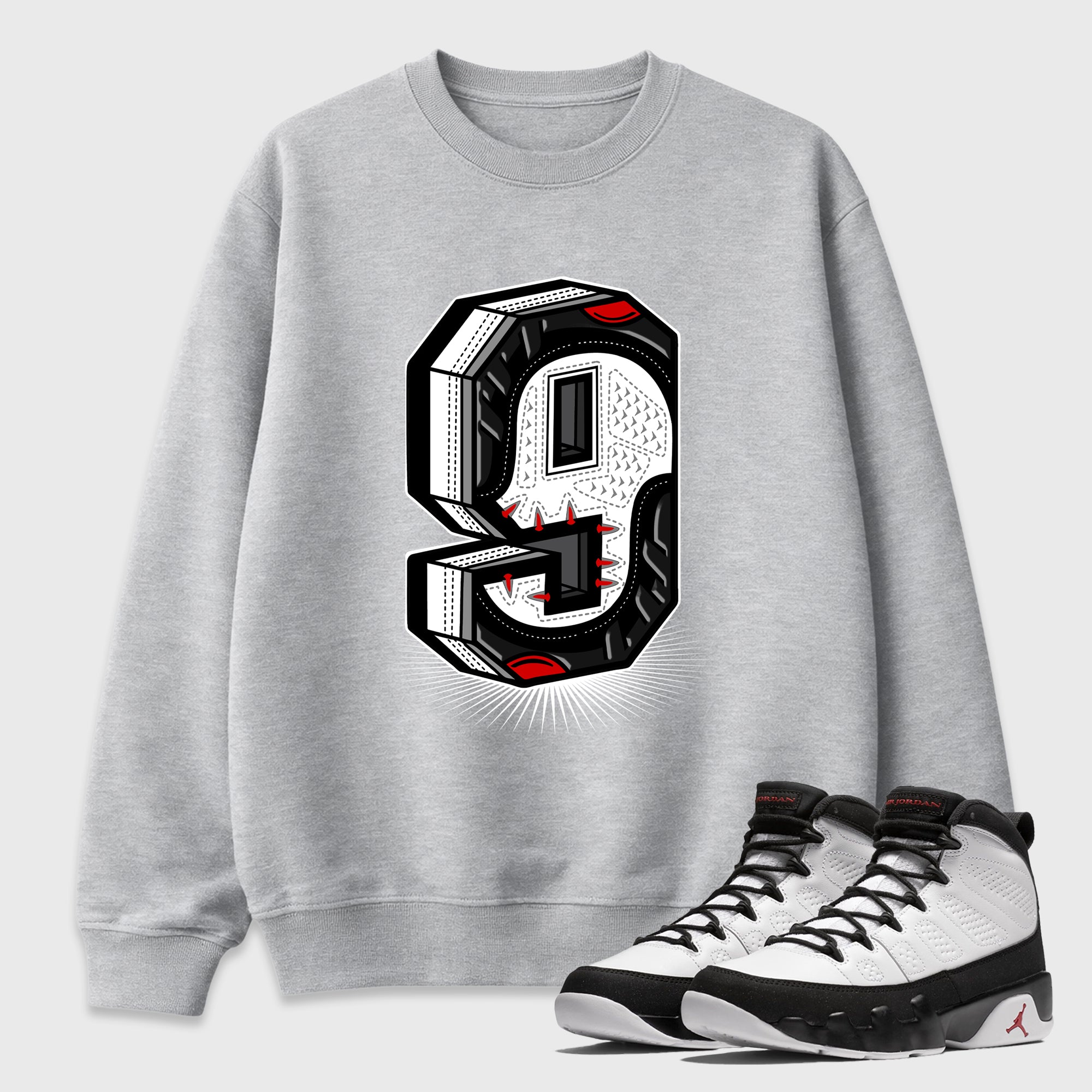 Number Statue Graphic T-Shirt featuring original streetwear artwork designed to match the Air Jordan 9 True Red. Heather Grey 1 Graphic Tee.