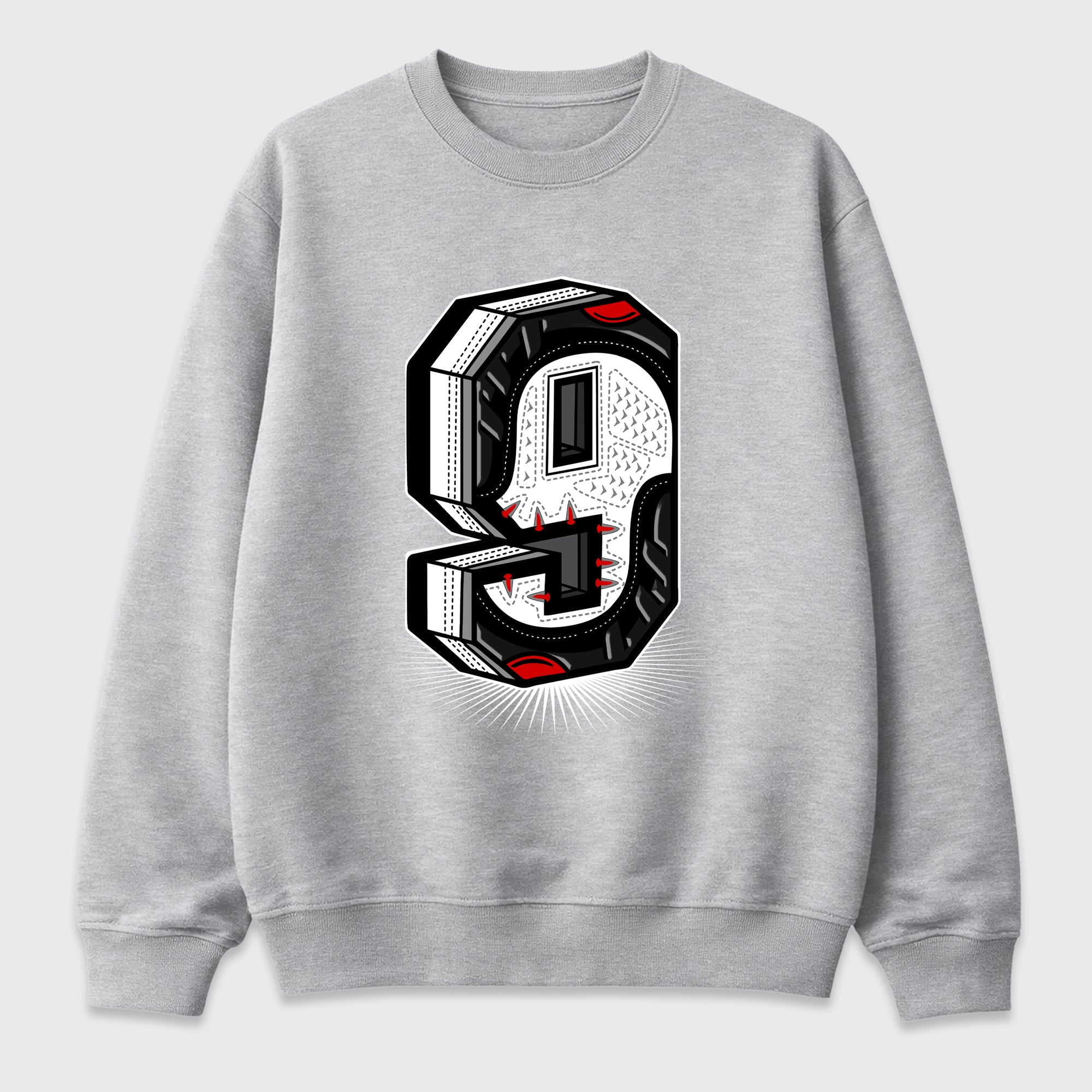 Number Statue Graphic T-Shirt featuring original streetwear artwork designed to match the Air Jordan 9 True Red. Heather Grey 2 Graphic Tee.