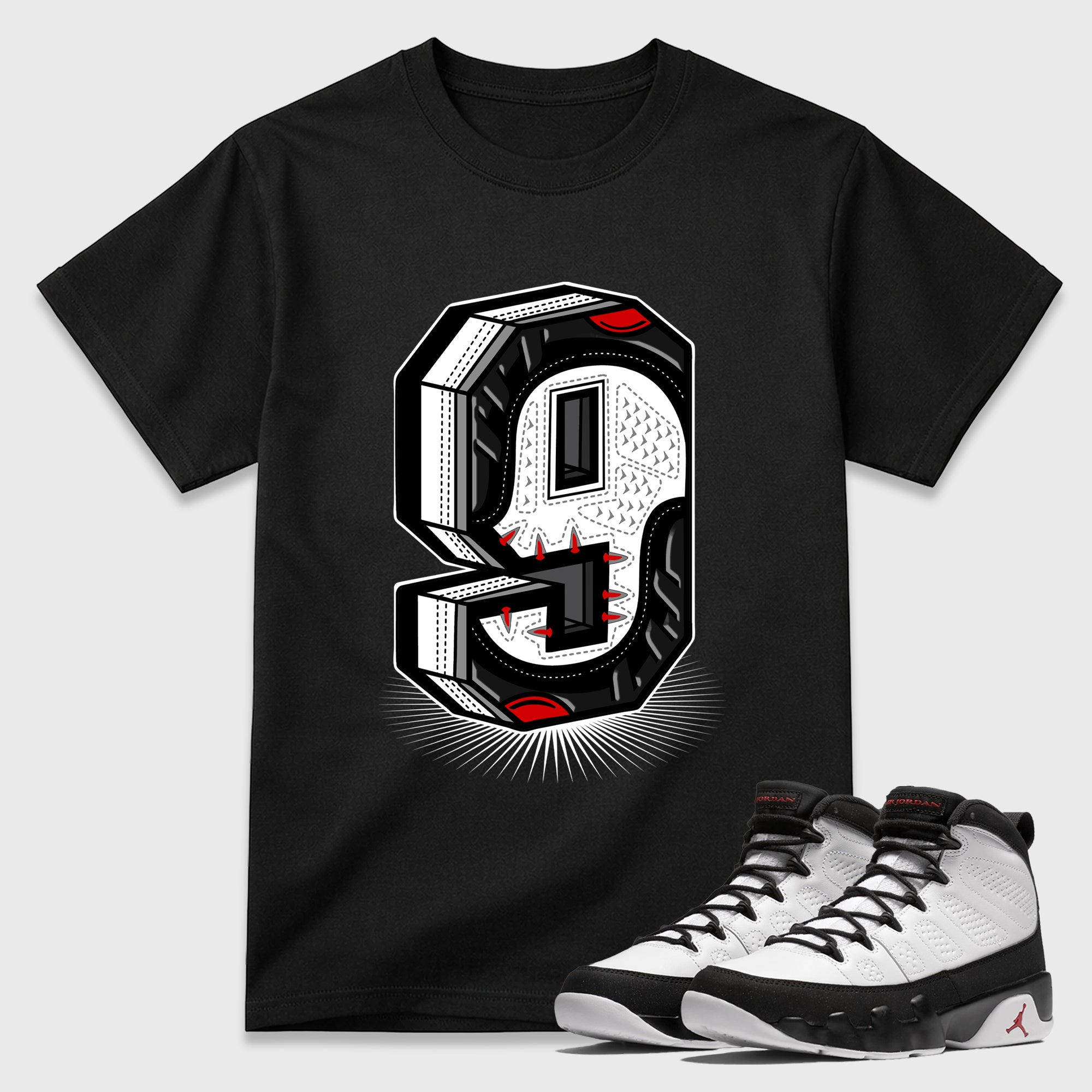 Number Statue Graphic T-Shirt featuring original streetwear artwork designed to match the Air Jordan 9 True Red. Black 1 Graphic T-Shirt.