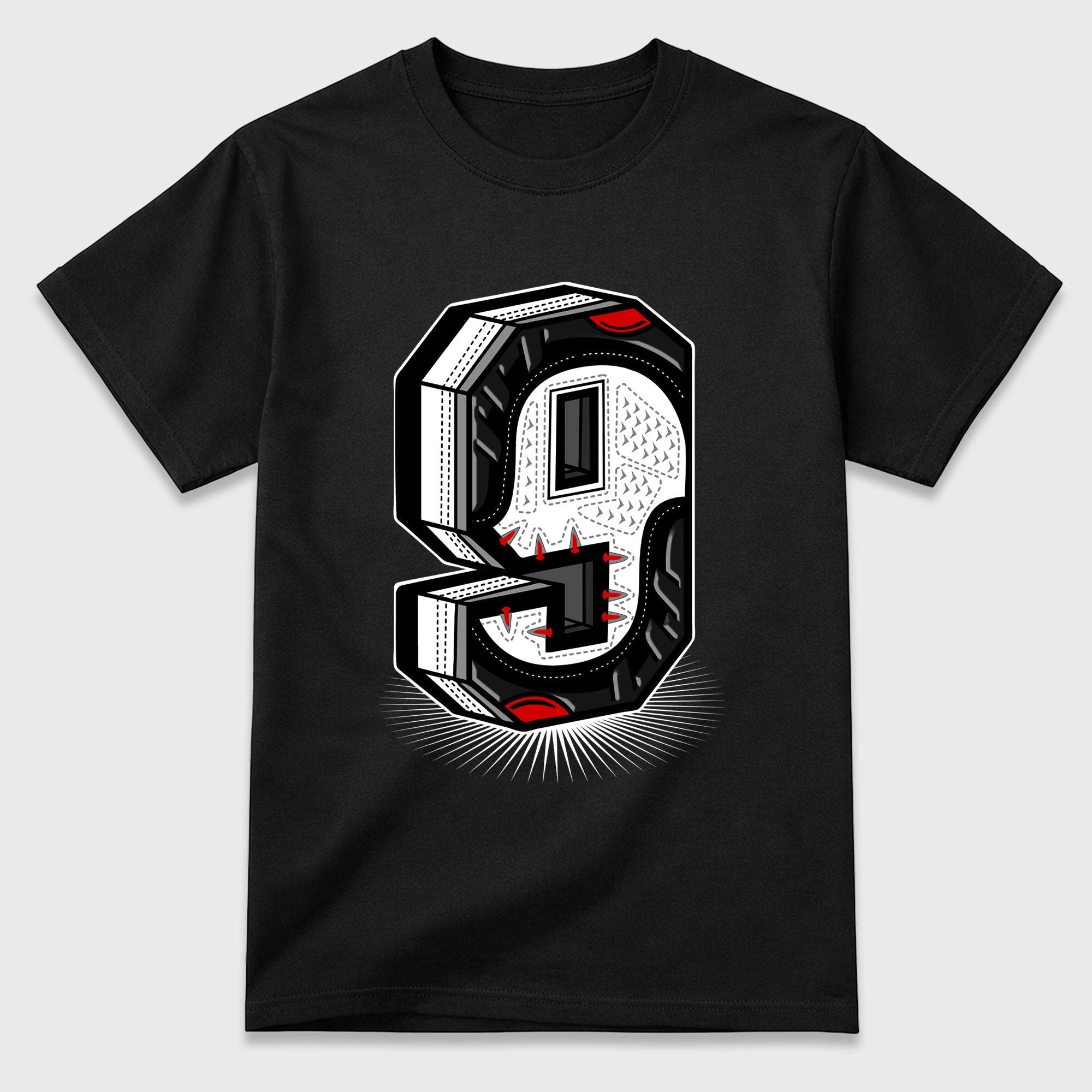 Number Statue Graphic T-Shirt featuring original streetwear artwork designed to match the Air Jordan 9 True Red. Black 2 Graphic T-Shirt.