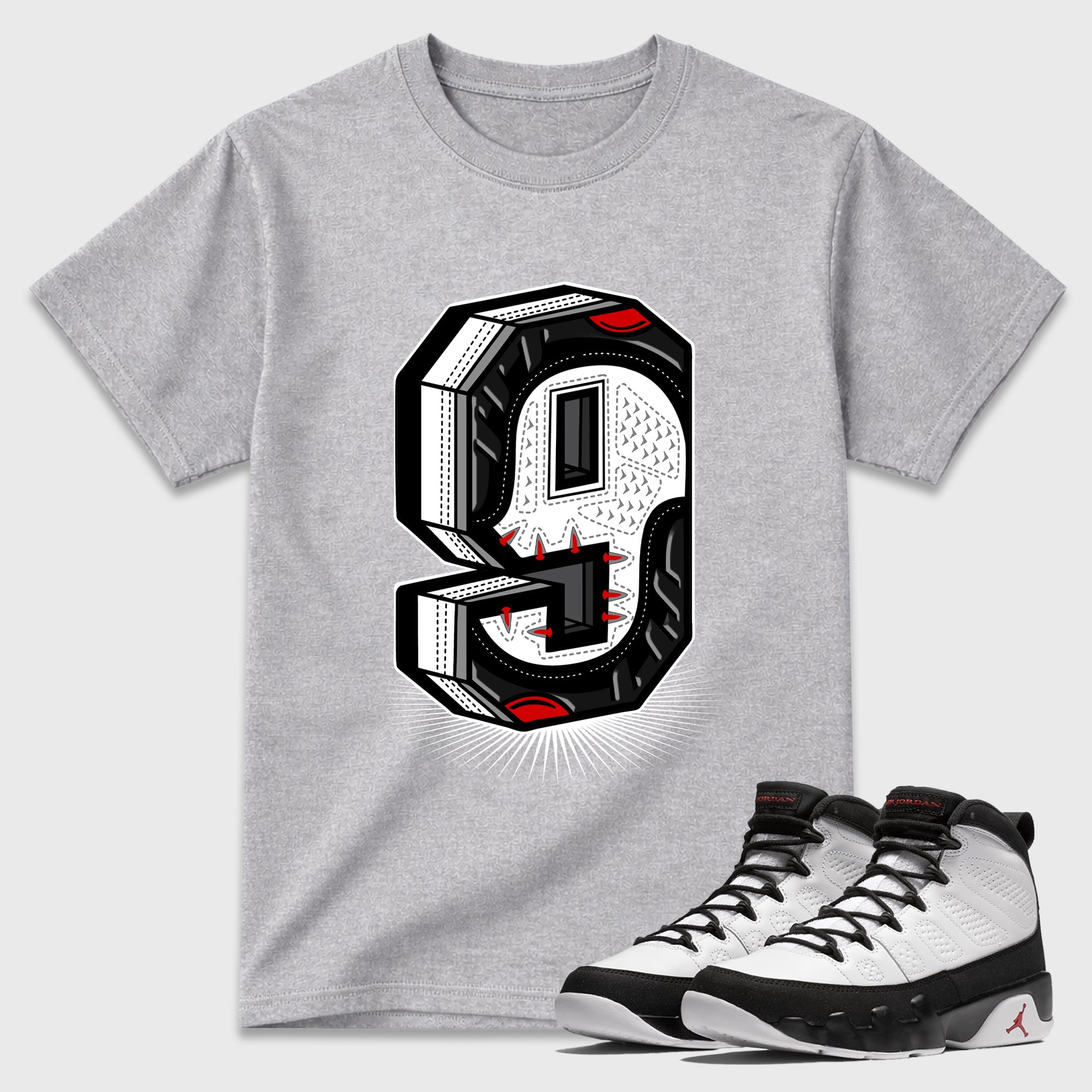 Number Statue Graphic T-Shirt featuring original streetwear artwork designed to match the Air Jordan 9 True Red. Heather Grey 1 Graphic T-Shirt.