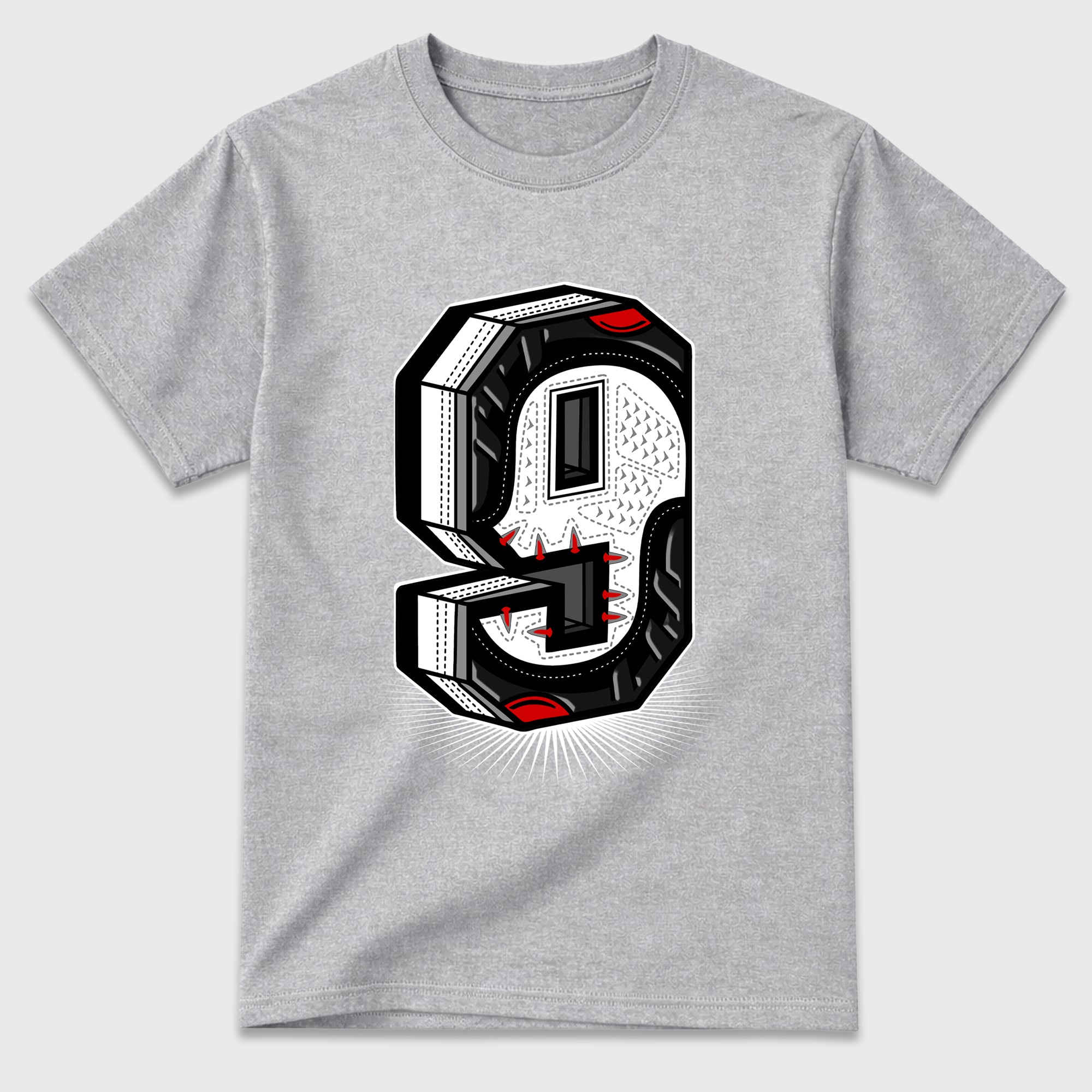 Number Statue Graphic T-Shirt featuring original streetwear artwork designed to match the Air Jordan 9 True Red. Heather Grey 2 Graphic T-Shirt.