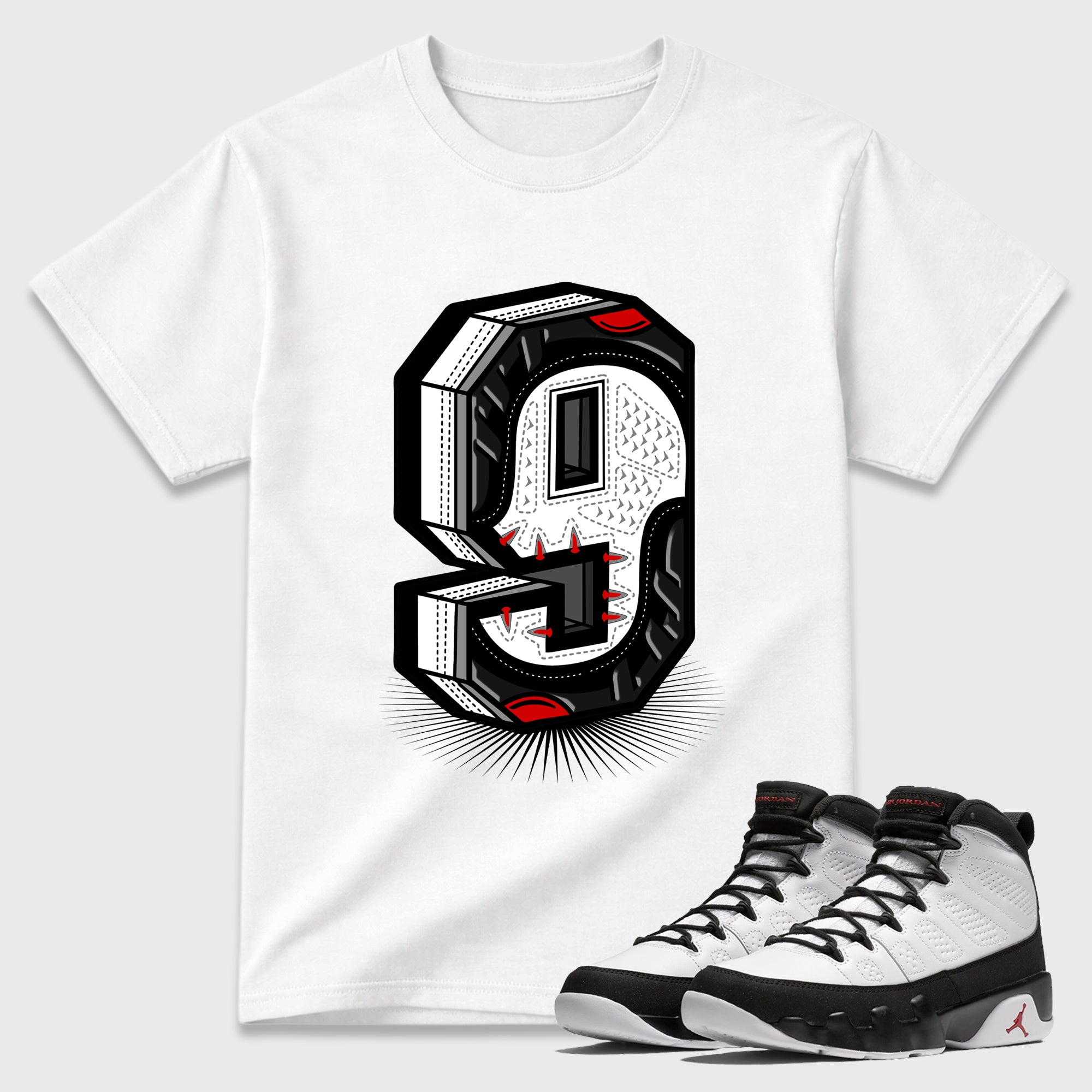 Number Statue Graphic T-Shirt featuring original streetwear artwork designed to match the Air Jordan 9 True Red. White 1 Graphic T-Shirt.