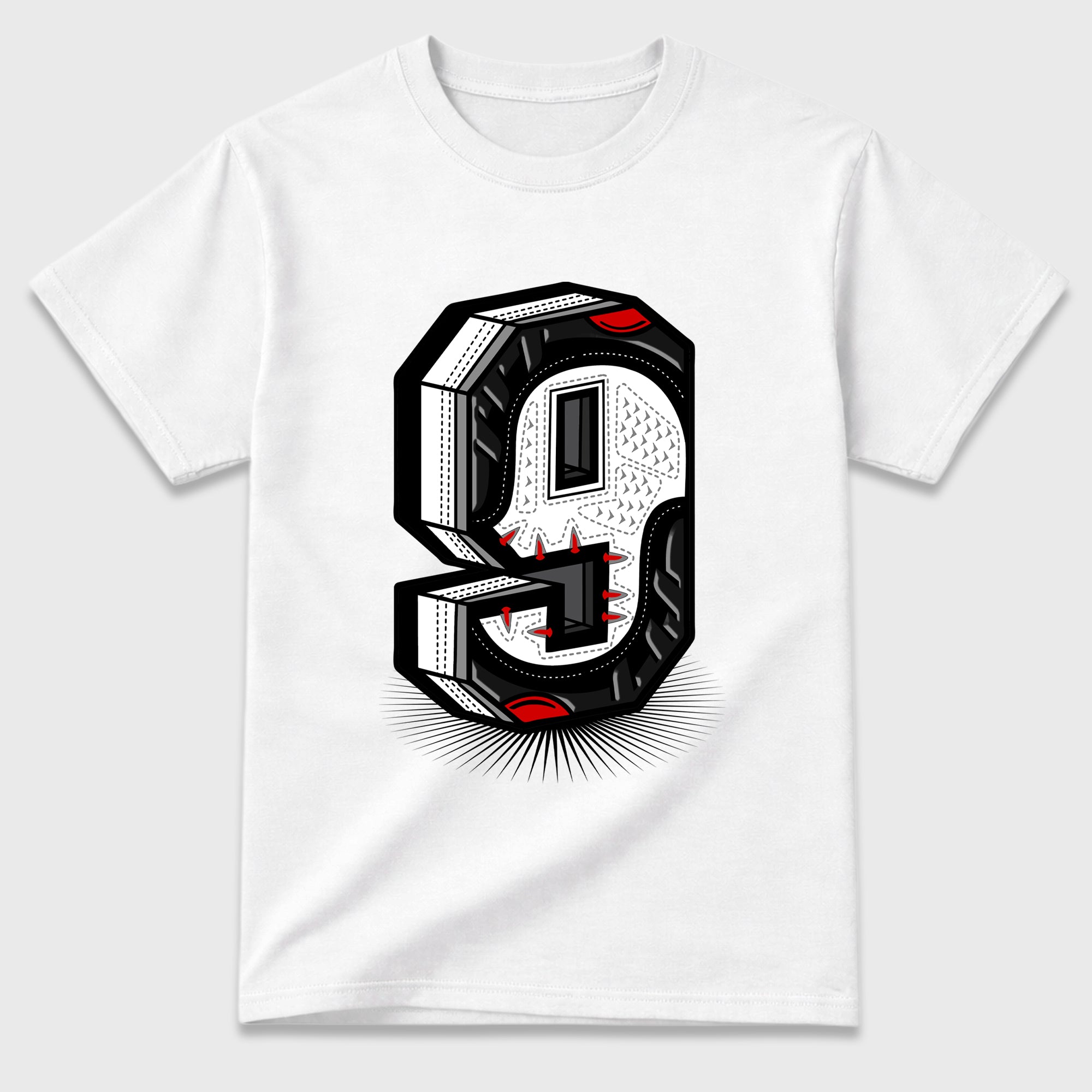 Number Statue Graphic T-Shirt featuring original streetwear artwork designed to match the Air Jordan 9 True Red. White 2 Graphic T-Shirt.