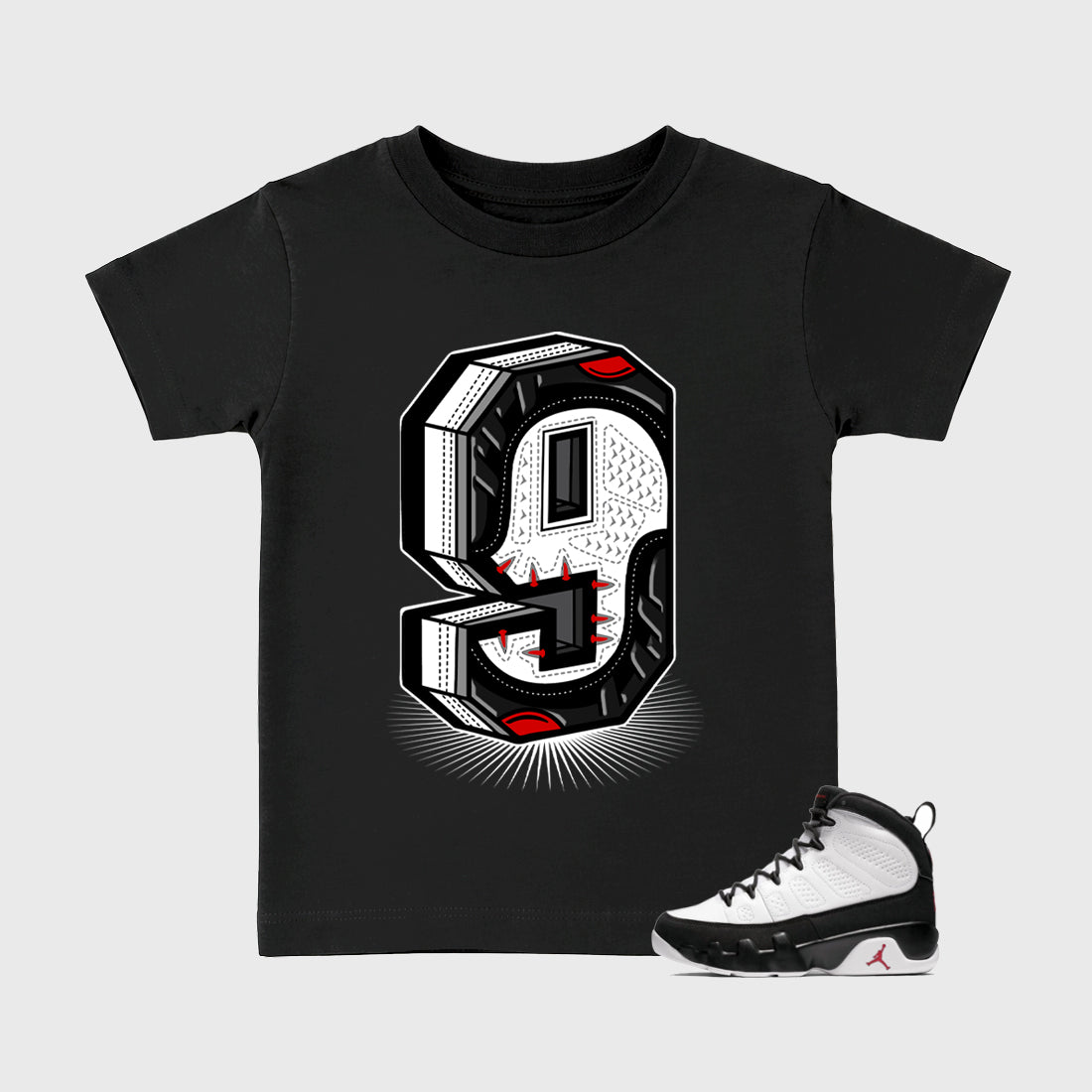 Number Statue Baby & Kids Graphic T-Shirt featuring original artwork designed to match the Air Jordan 9 True Red. Black 1 Kids Graphic Tee.