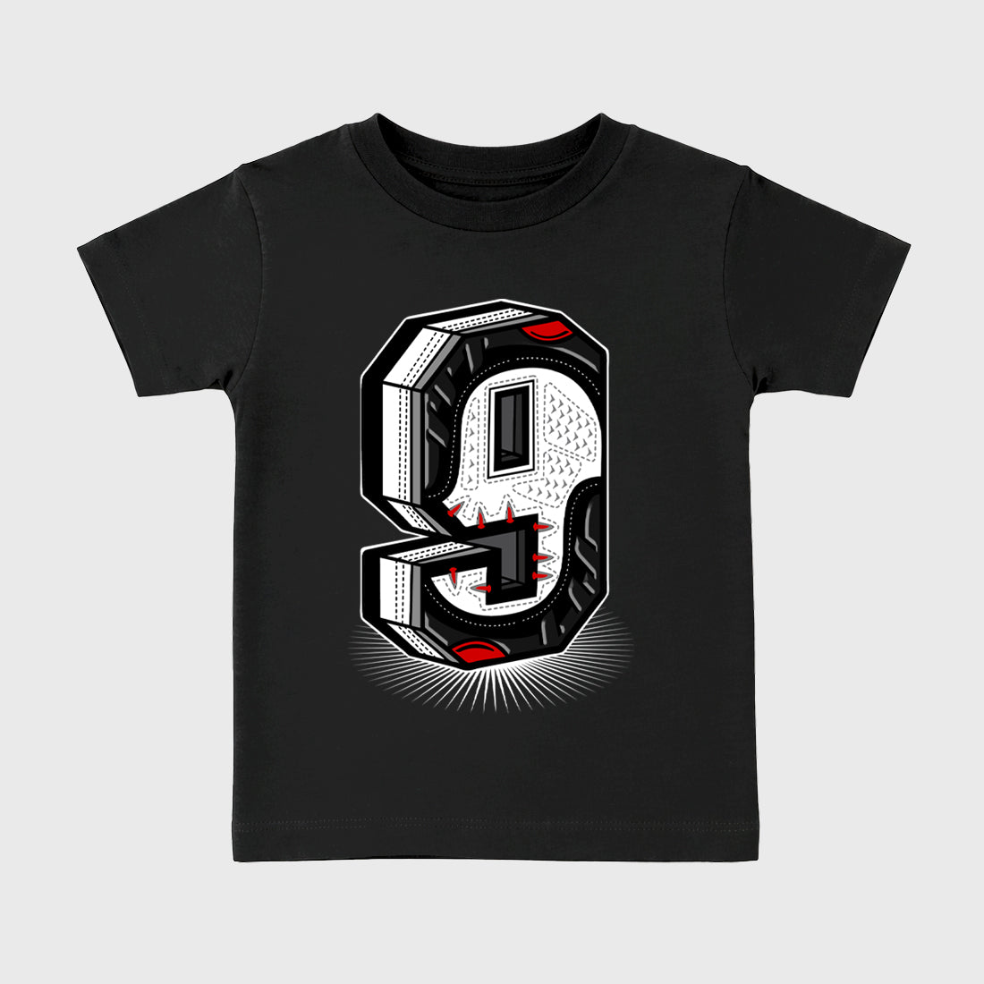 Number Statue Baby & Kids Graphic T-Shirt featuring original artwork designed to match the Air Jordan 9 True Red. Black 2 Kids Graphic Tee.