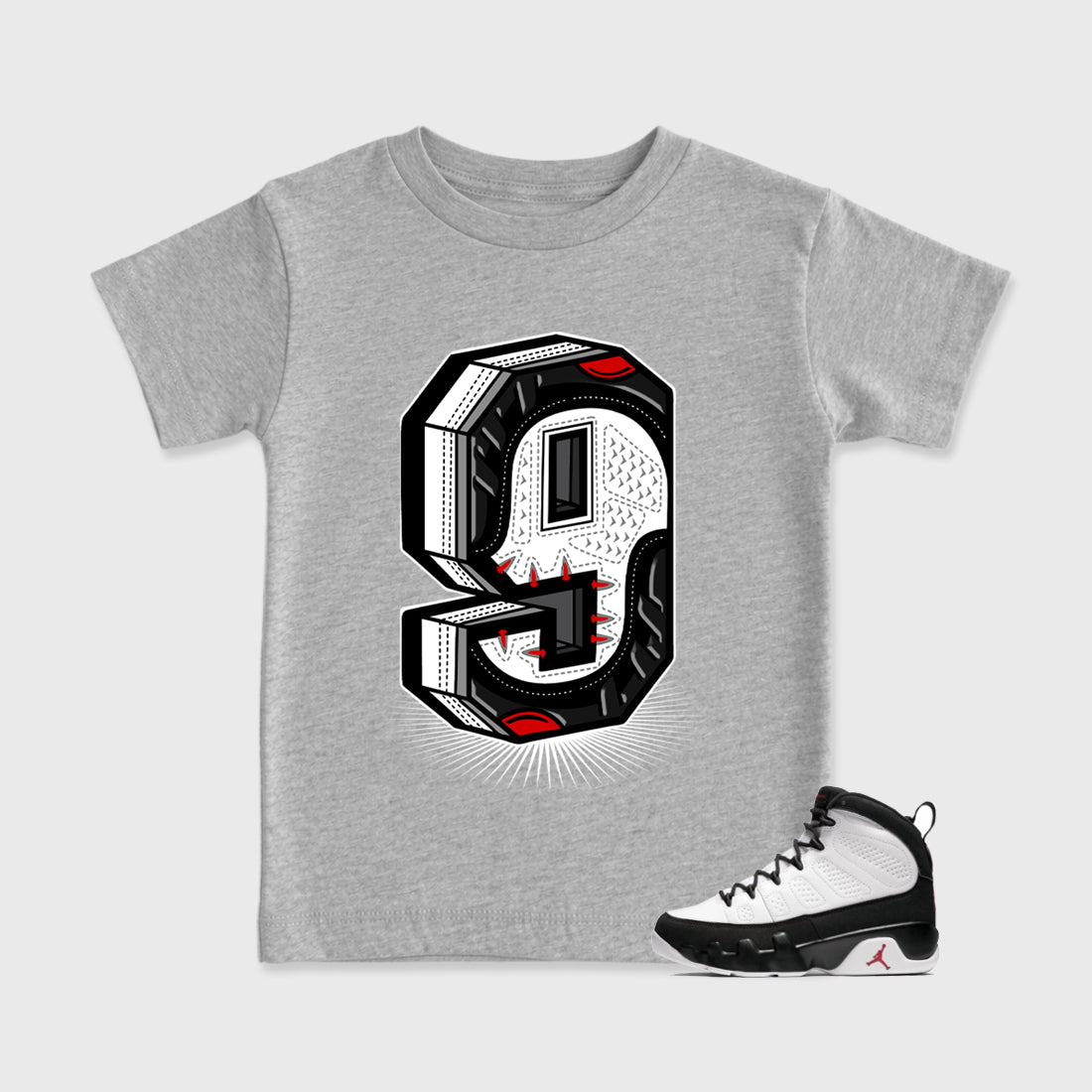 Number Statue Baby & Kids Graphic T-Shirt featuring original artwork designed to match the Air Jordan 9 True Red. Heather Grey 1 Kids Graphic Tee.