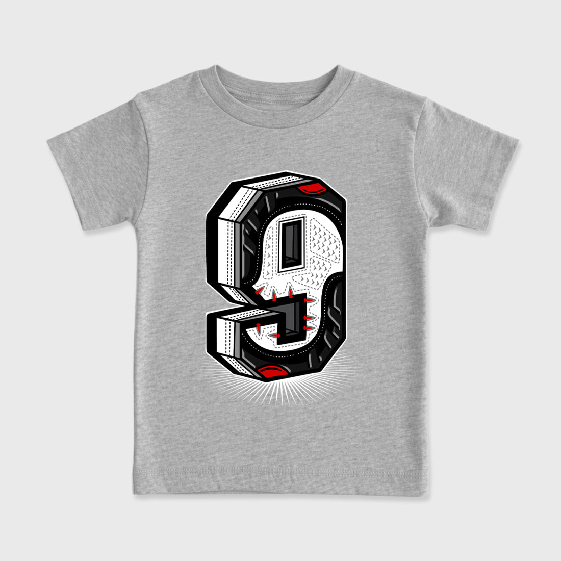 Number Statue Baby & Kids Graphic T-Shirt featuring original artwork designed to match the Air Jordan 9 True Red. Heather Grey 2 Kids Graphic Tee.