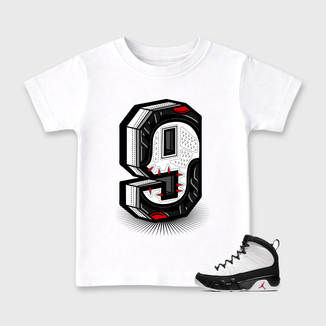 Number Statue Baby & Kids Graphic T-Shirt featuring original artwork designed to match the Air Jordan 9 True Red. White 1 Kids Graphic Tee.
