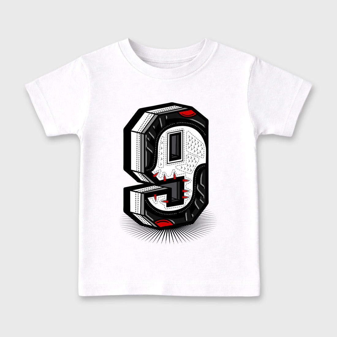 Number Statue Baby & Kids Graphic T-Shirt featuring original artwork designed to match the Air Jordan 9 True Red. White 2 Kids Graphic Tee.