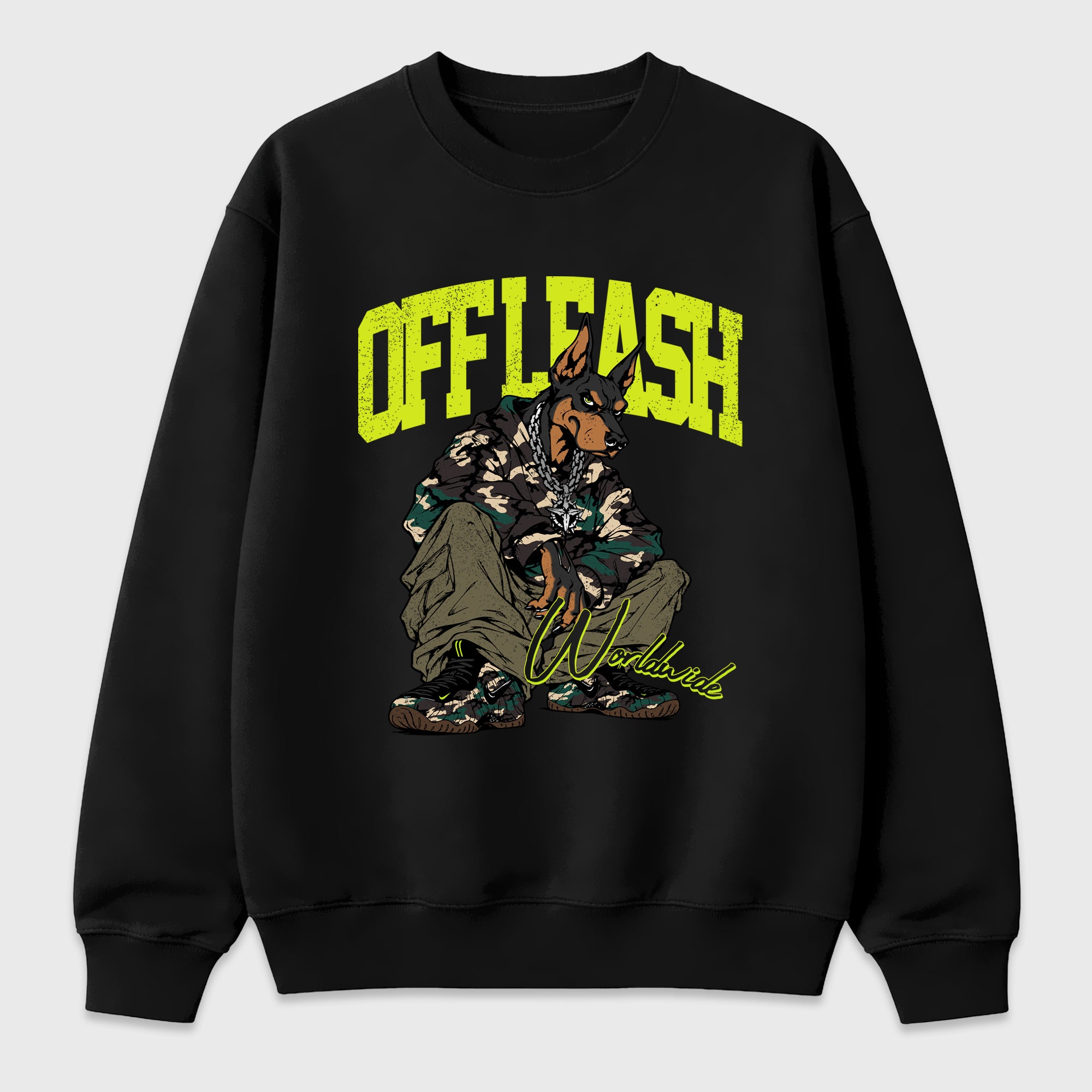 Off Leash Graphic T-Shirt featuring original streetwear artwork designed to match the Air Foamposite Pro Green Camo. Black 2 Graphic Tee.