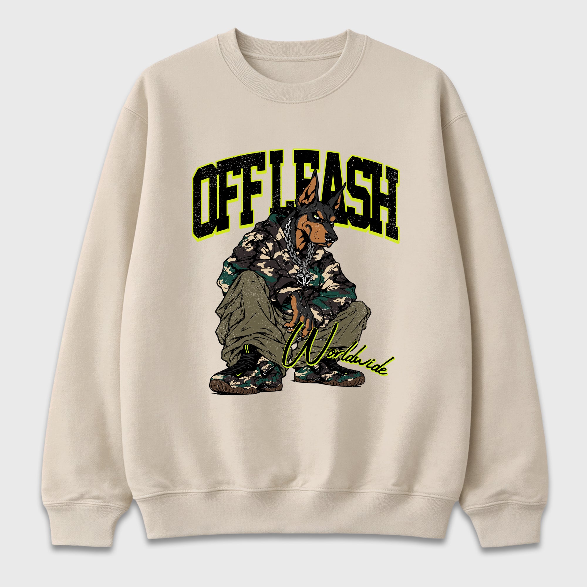 Off Leash Graphic T-Shirt featuring original streetwear artwork designed to match the Air Foamposite Pro Green Camo. Natural 2 Graphic Tee.
