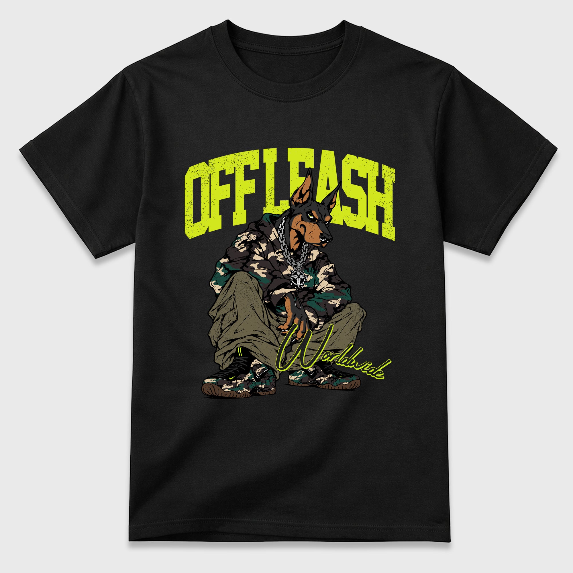 Off Leash Graphic T-Shirt featuring original streetwear artwork designed to match the Air Foamposite Pro Green Camo. Black 2 Graphic T-Shirt.