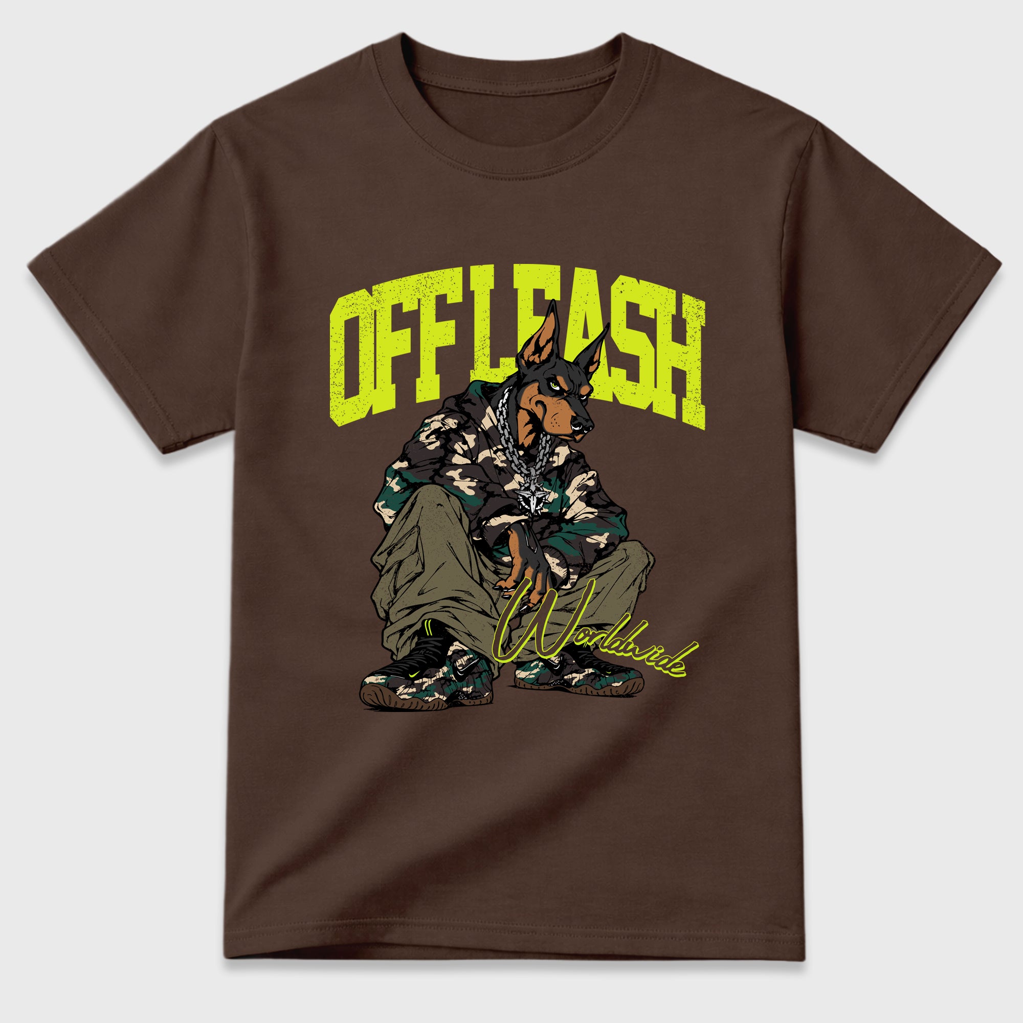 Off Leash Graphic T-Shirt featuring original streetwear artwork designed to match the Air Foamposite Pro Green Camo. Dark Chocolate 2 Graphic T-Shirt.