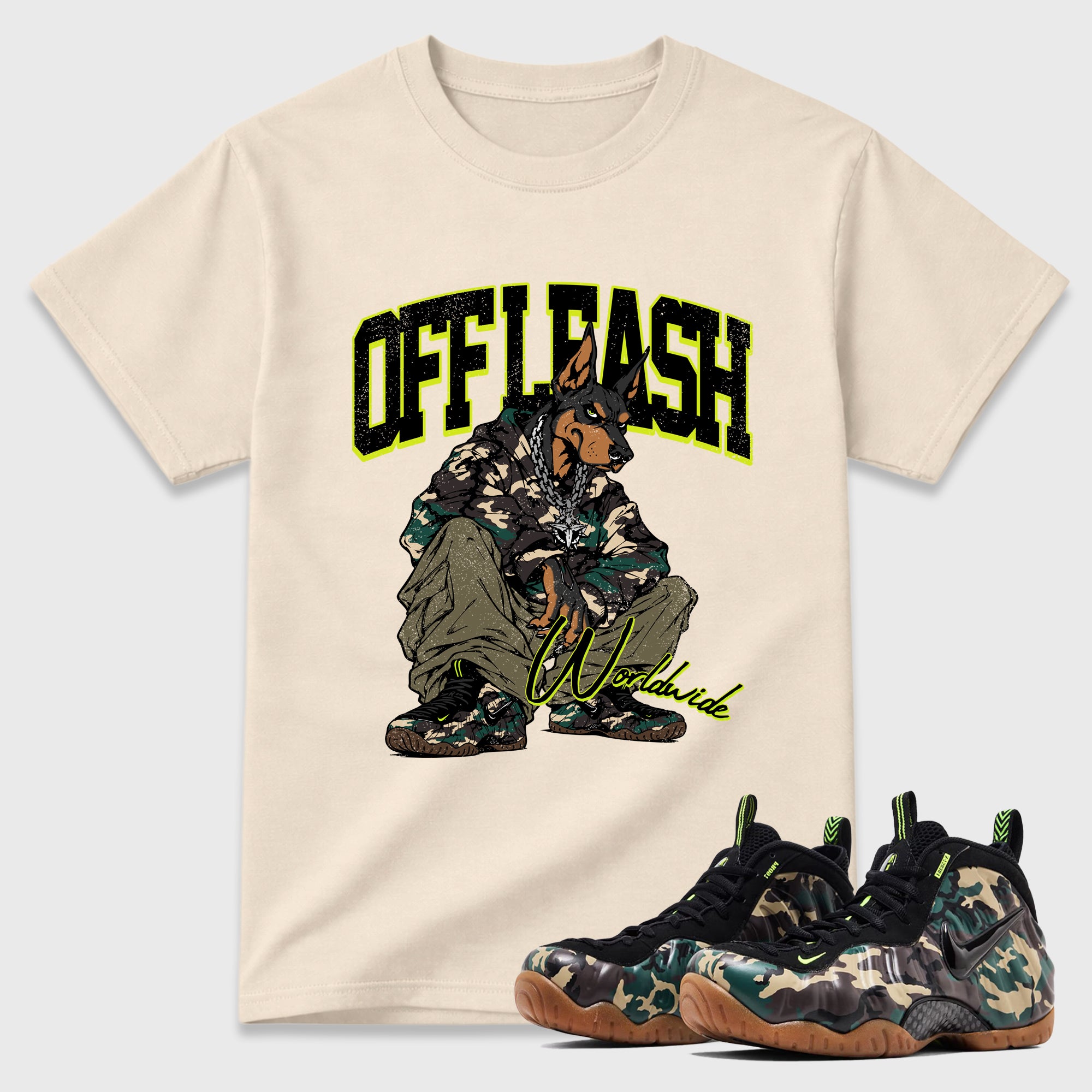 Off Leash Graphic T-Shirt featuring original streetwear artwork designed to match the Air Foamposite Pro Green Camo. Natural 1 Graphic T-Shirt.