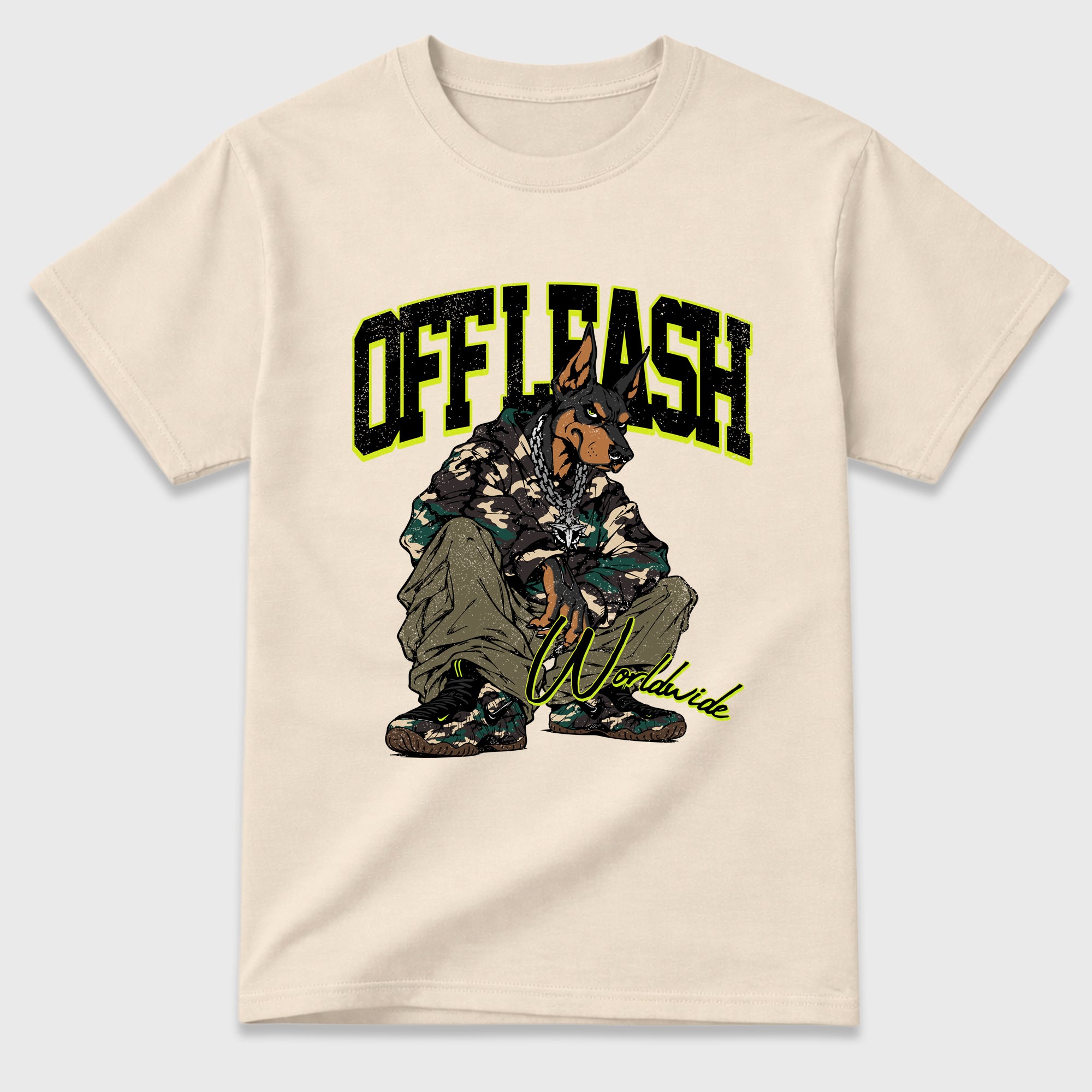 Off Leash Graphic T-Shirt featuring original streetwear artwork designed to match the Air Foamposite Pro Green Camo. Natural 2 Graphic T-Shirt.